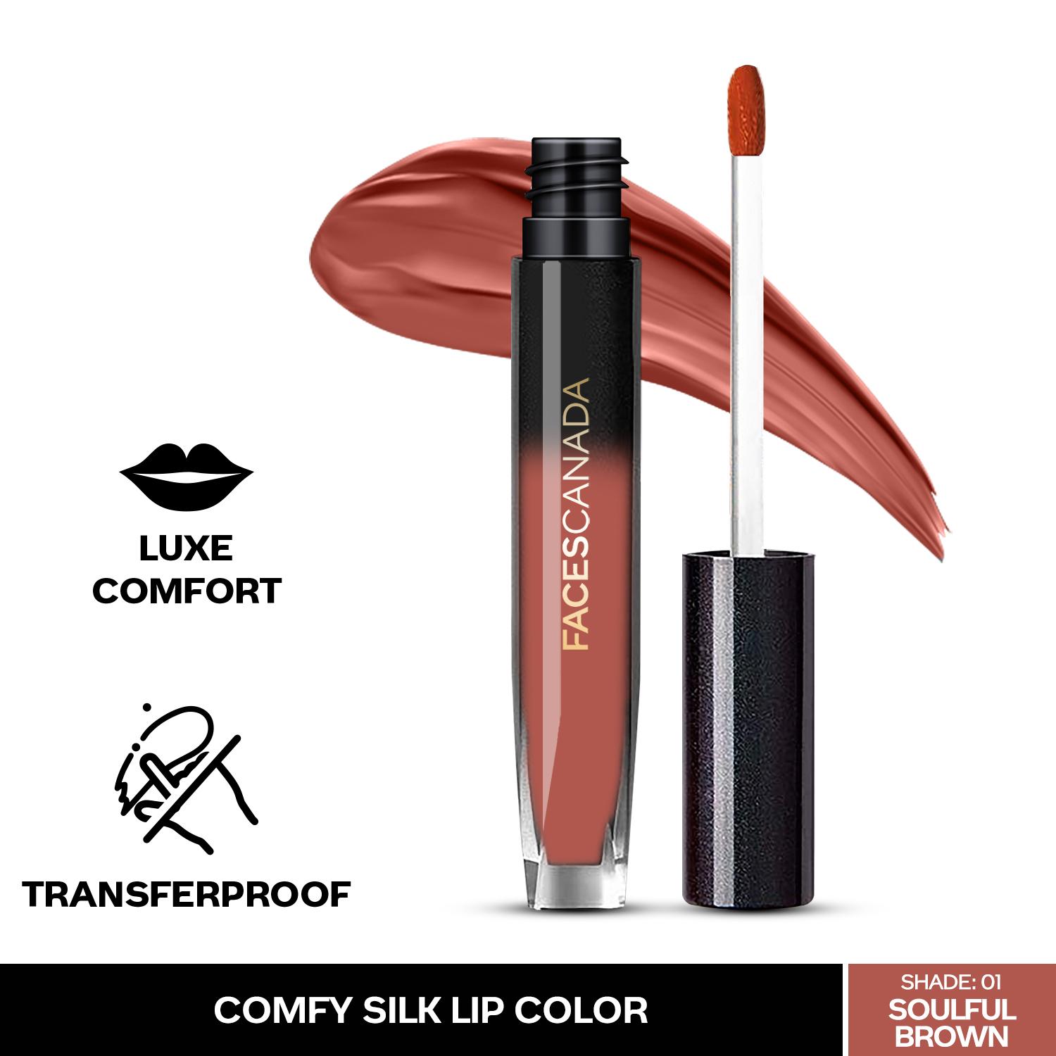 Faces Canada | Faces Canada Comfy Silk Lip Color I Mulberry Oil, Luxe Comfort, No Dryness I Soulful Brown 01 (3 ml)