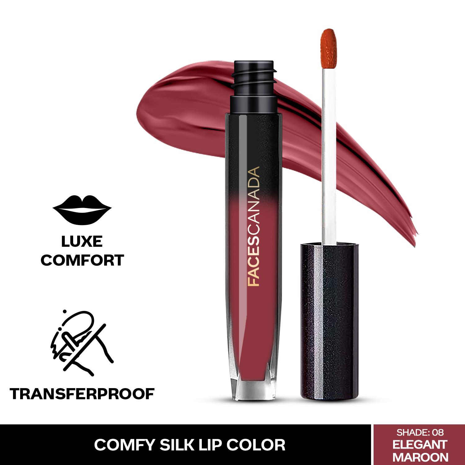 Faces Canada | Faces Canada Comfy Silk Lip Color I Mulberry Oil, Luxe Comfort, No Dryness I Elegant Maroon 08 (3 ml)