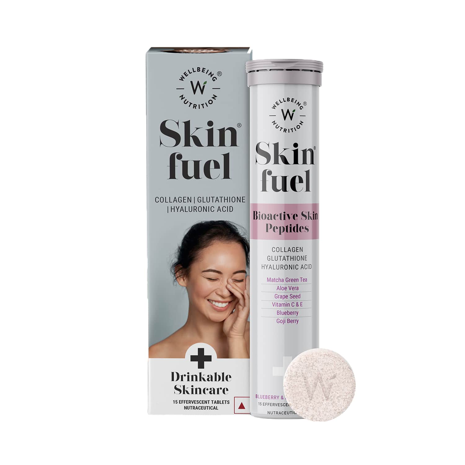 Wellbeing Nutrition | Wellbeing Nutrition Skin Fuel Japanese Collagen Peptides, L-Glutathione, Antioxidants | Hyaluronic Acid, Grape Seed, Vitamin E