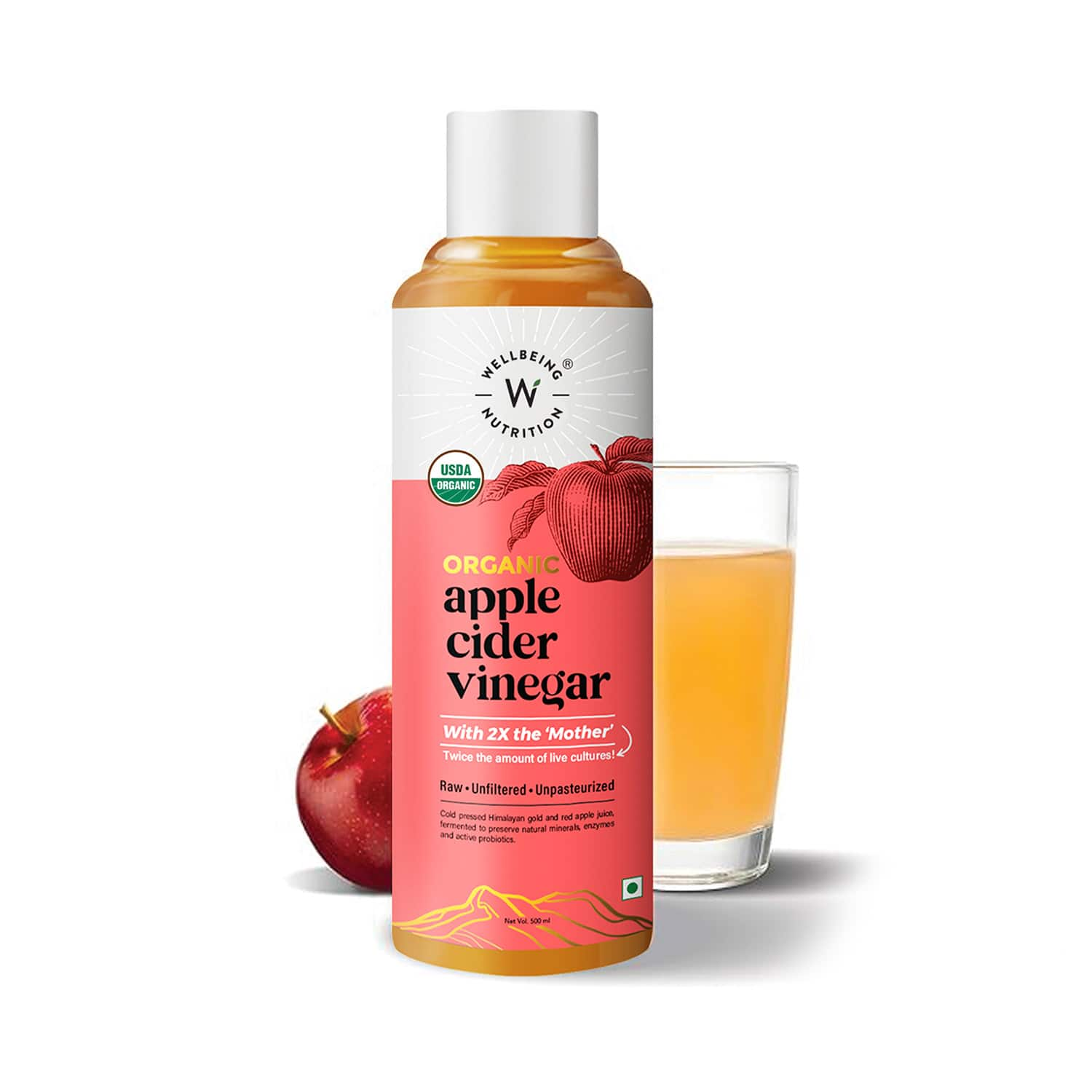 Wellbeing Nutrition | Wellbeing Nutrition Organic Himalayan Apple Cider Vinegar (ACV) with Mother of Vinegar, Raw, Unfiltered, Unpasteurized - (500 ml)