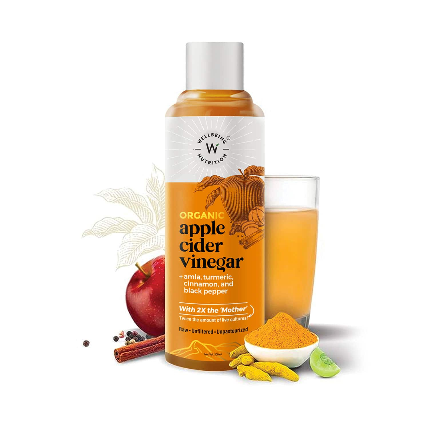 Wellbeing Nutrition | Wellbeing Nutrition Apple Cider Vinegar with Turmeric, Amla, Cinnamon and Black Pepper, Raw Unfiltered with 2X The Mother - (500 ml)