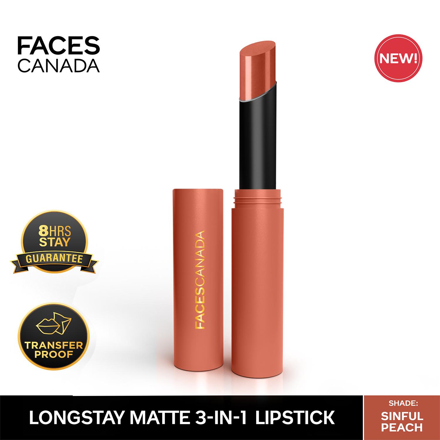 Faces Canada | Faces Canada Long Stay 3-in-1 Matte Lipstick - Sinful Peach 05, 8HR Stay, Primer-Infused (2 g)