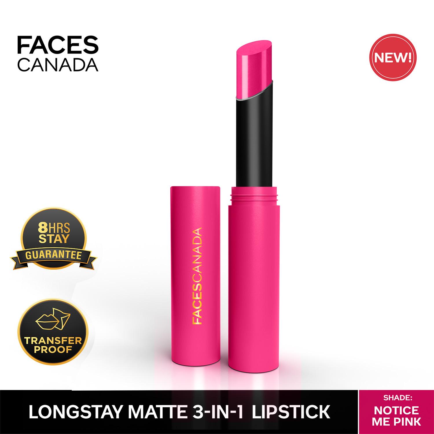 Faces Canada | Faces Canada Long Stay 3-in-1 Matte Lipstick - Notice Me Pink 06, 8HR Stay, Primer-Infused (2 g)