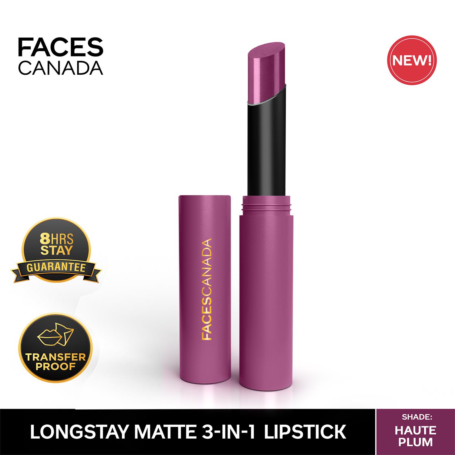 Faces Canada | Faces Canada Long Stay 3-in-1 Matte Lipstick - Haute Plum 08, 8HR Stay, Primer-Infused (2 g)