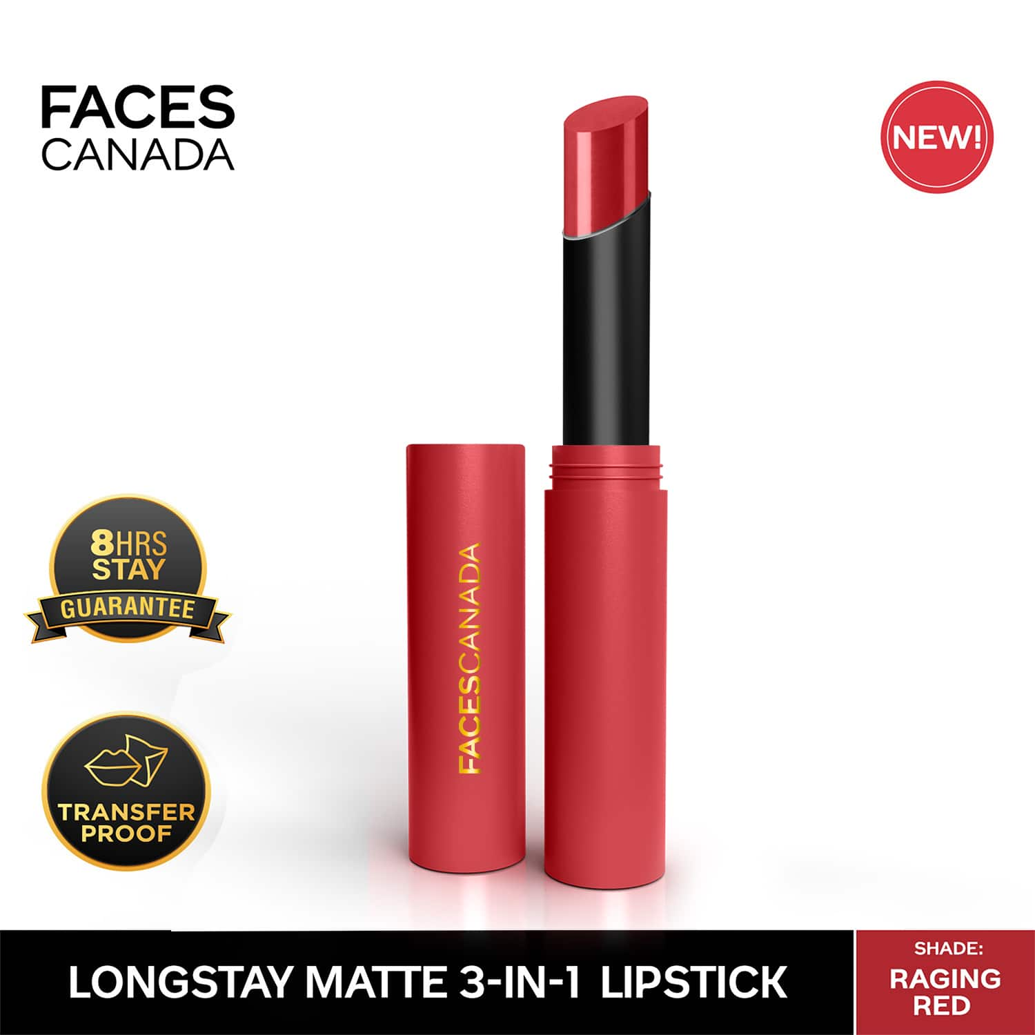 Faces Canada | Faces Canada Long Stay 3-in-1 Matte Lipstick - Raging Red 10, 8HR Stay, Primer-Infused (2 g)