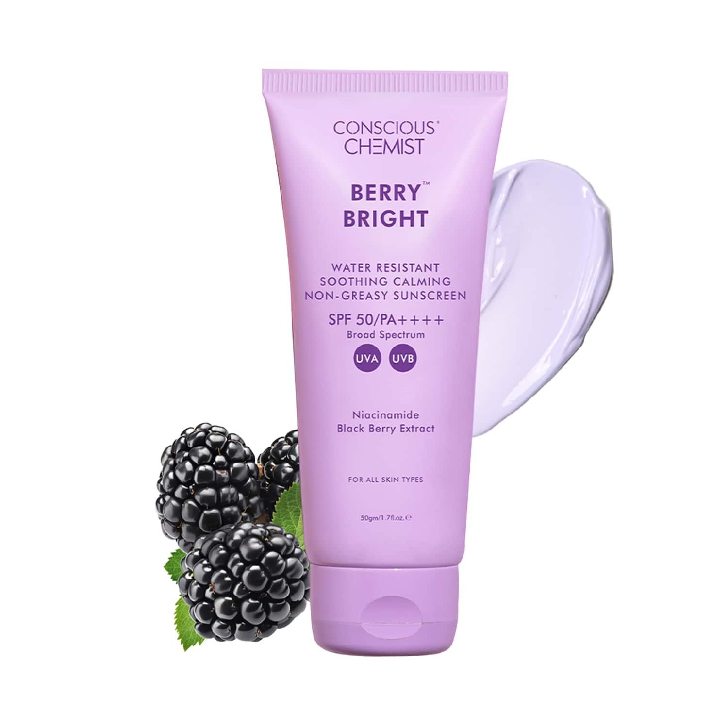 Conscious Chemist | Conscious Chemist Berry Bright Sunscreen for Oily Skin SPF 50 PA ++++ UVA/UVB, Non-Greasy (50g)