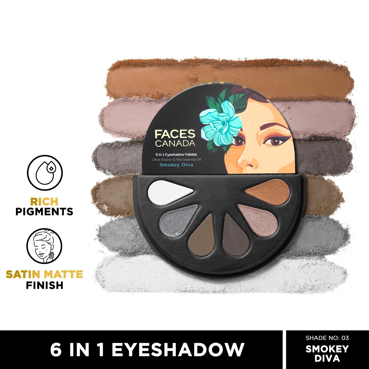 Faces Canada | Faces Canada 6 in 1 Eyeshadow Palette - Smokey Diva 03, Olive Butter & Macadamia Oil (6 g)