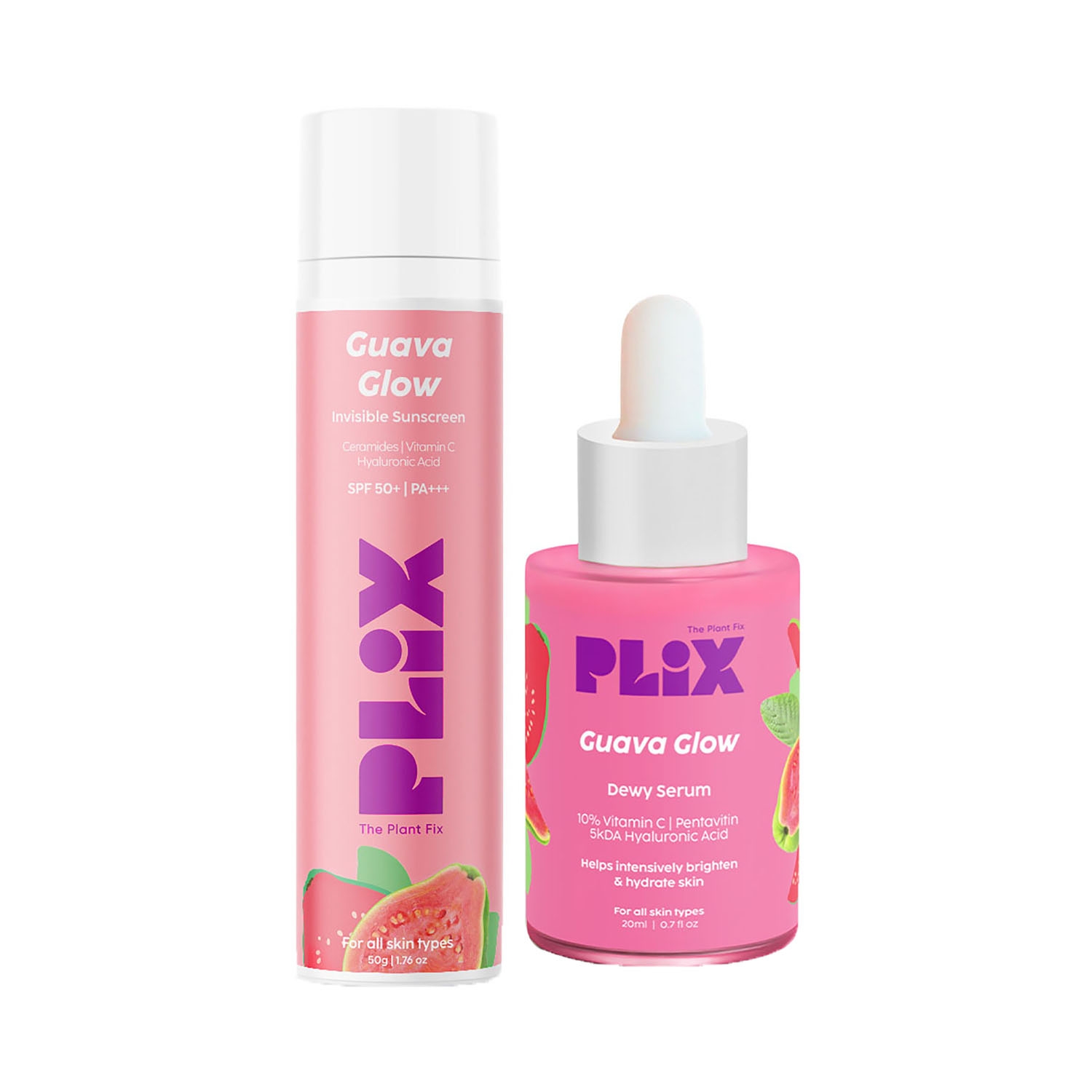 Plix The Plant Fix | Plix The Plant Fix Guava Glow Invisible Sunscreen Gel SPF 50+ & Guava Face Serum Combo (2Pcs)