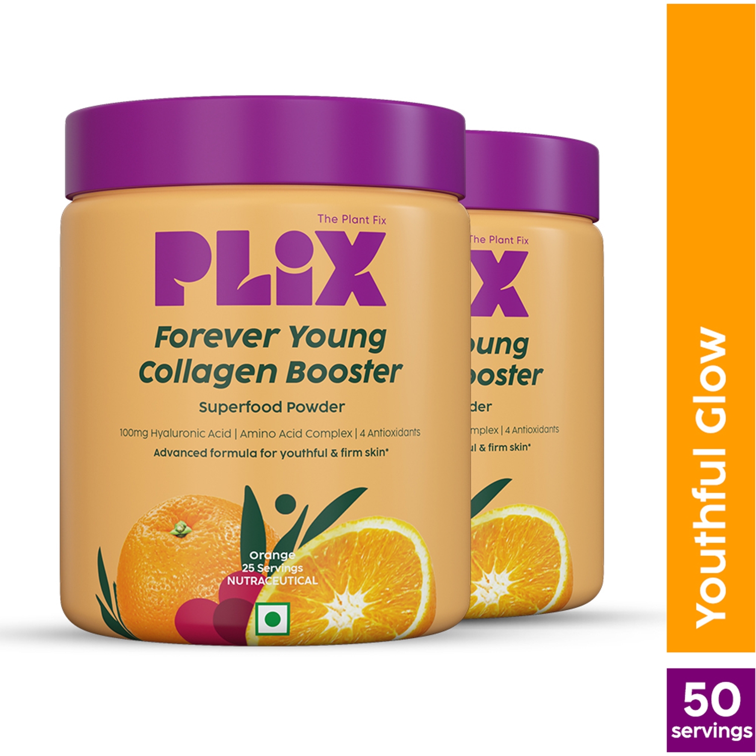 Plix The Plant Fix | Plix The Plant Fix Forever Young Collagen Collagen Booster Supplement Powder Orange Flavour (2Pcs)