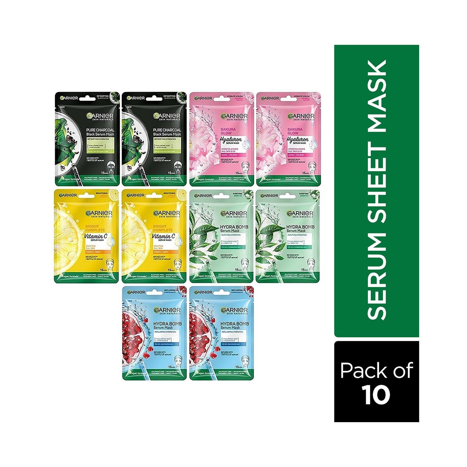 Garnier | Garnier Skin Naturals Charcoal, Sakura Glow, Bright Complete, Green Tea And Hydrabomb Sheet Mask Combo - (10 Pcs)