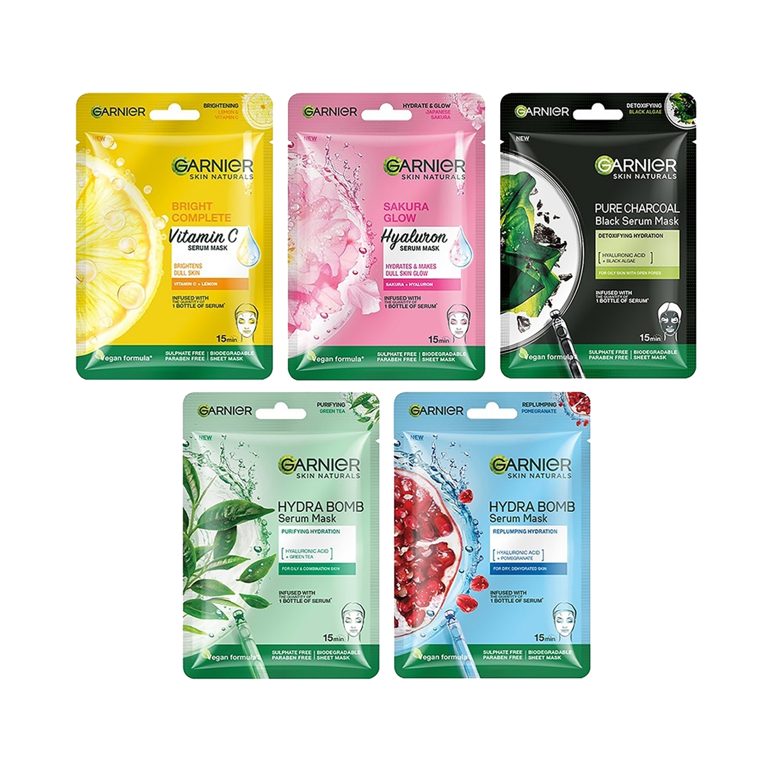 Garnier | Garnier Skin Naturals Charcoal, Sakura Glow, Bright Complete, Green Tea And Hydrabomb Sheet Mask Combo - (5 Pcs)