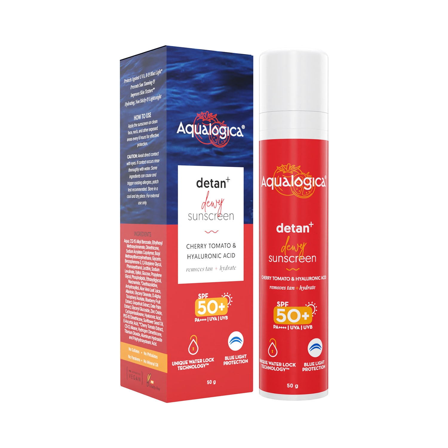 Aqualogica | Aqualogica Detan + Dewy Sunscreen With Cherry Tomato & Hyaluronic Acid SPF 50+ PA++ (50g)