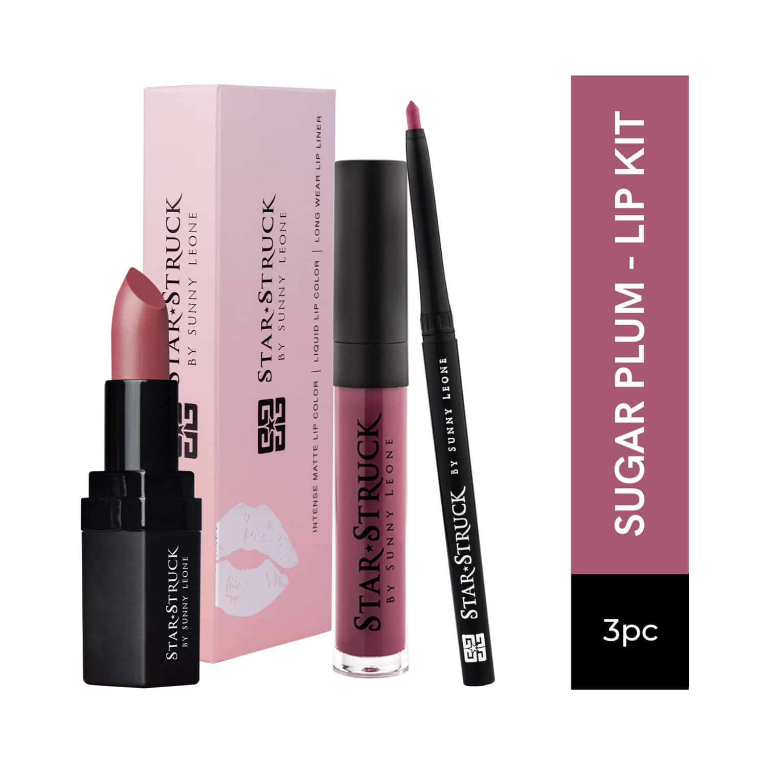 Star Struck by Sunny Leone | Star Struck by Sunny Leone Lip Gloss With Lip Liner & Lipstick Lip Kit - SUGAR Cosmetics Plum (3 Pcs)