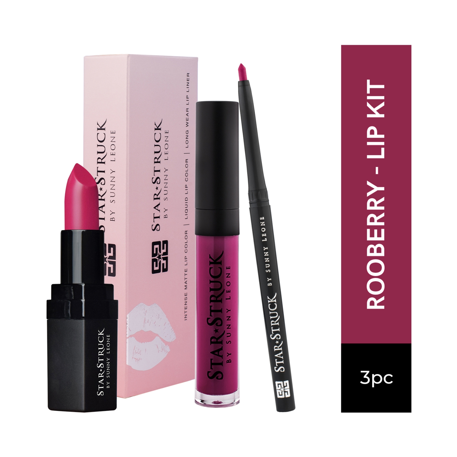 Star Struck by Sunny Leone | Star Struck by Sunny Leone Lip Gloss With Lip Liner & Lipstick Lip Kit - Rooberry (3 Pcs)