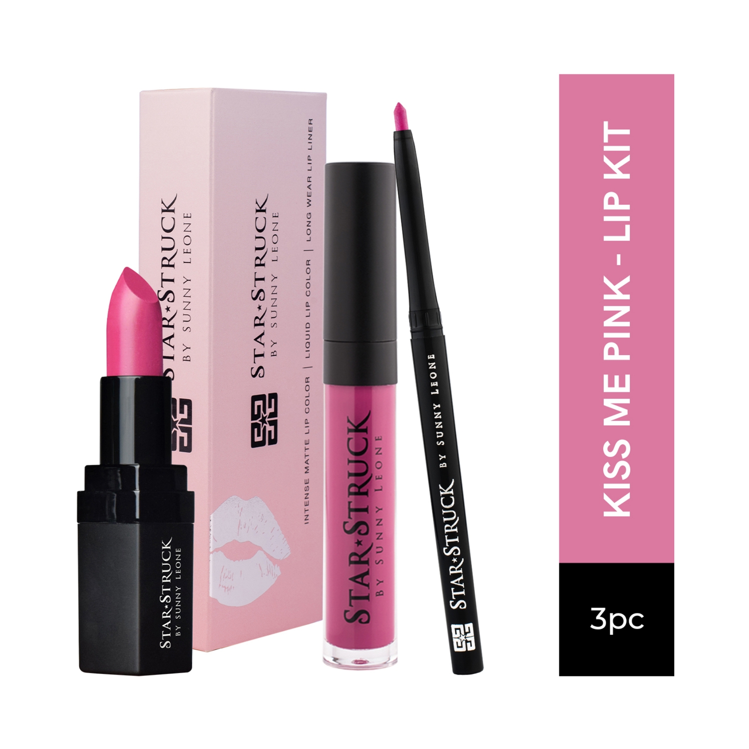 Star Struck by Sunny Leone | Star Struck by Sunny Leone Lip Gloss With Lip Liner & Lipstick Lip Kit - Kiss Me Pink (3 Pcs)