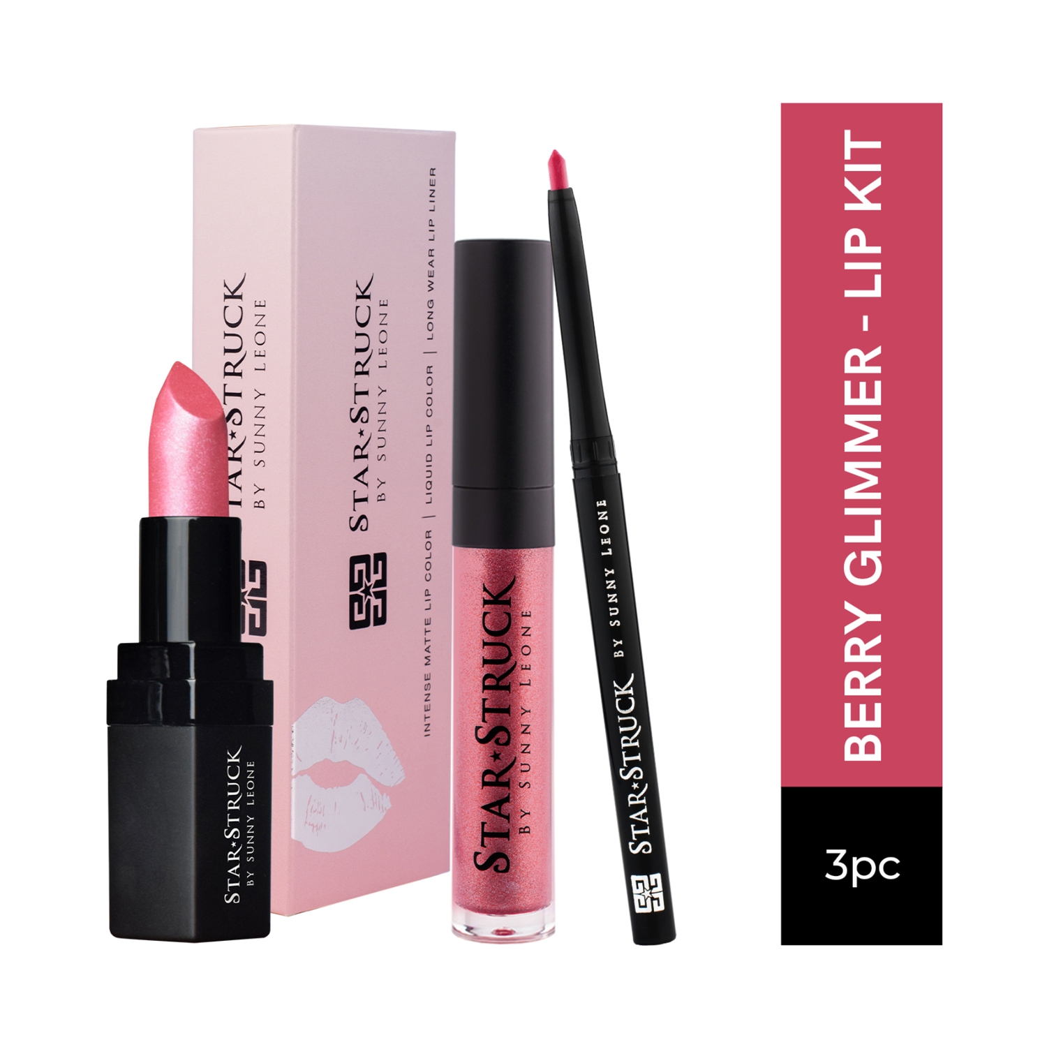 Star Struck by Sunny Leone | Star Struck by Sunny Leone Lip Gloss With Lip Liner & Lipstick Lip Kit - Berry Glimmer (3 Pcs)