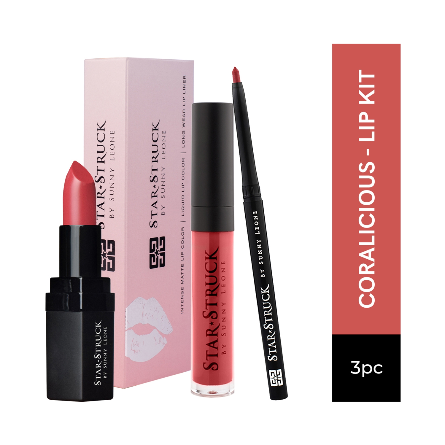 Star Struck by Sunny Leone | Star Struck by Sunny Leone Lip Gloss With Lip Liner & Lipstick Lip Kit - Coralicious (3 Pcs)