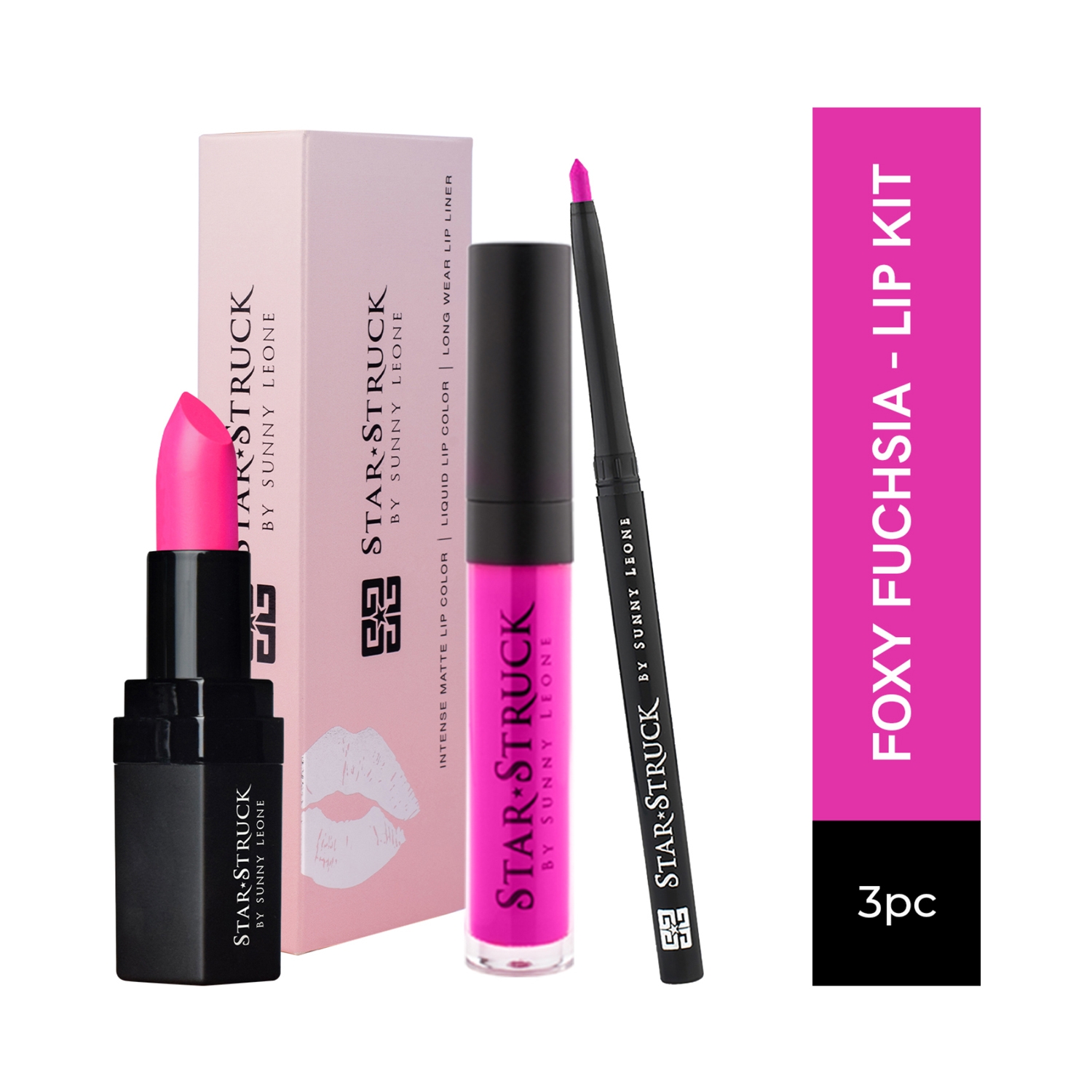 Star Struck by Sunny Leone | Star Struck by Sunny Leone Lip Gloss With Lip Liner & Lipstick Lip Kit - Foxy Fuchsia (3 Pcs)
