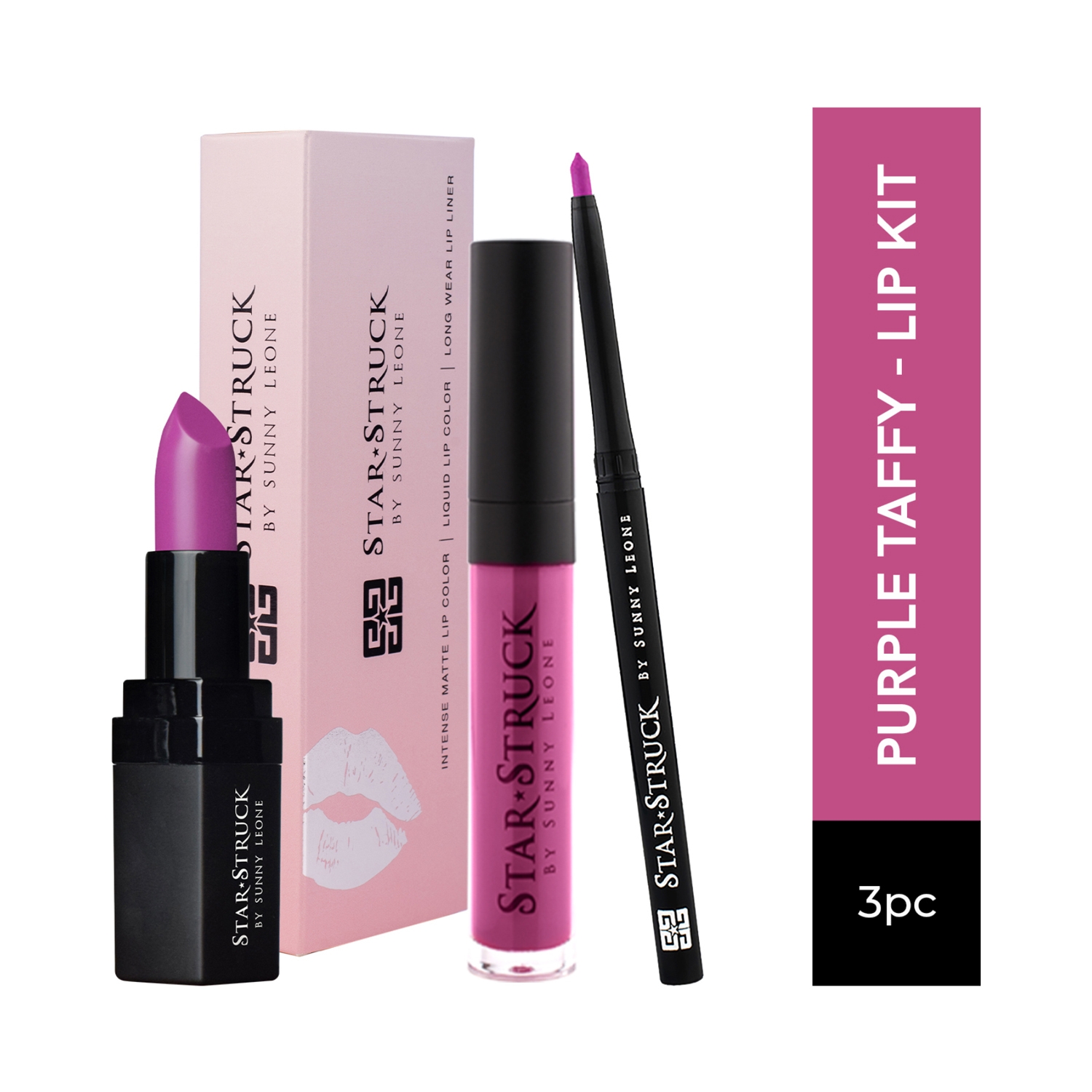 Star Struck by Sunny Leone | Star Struck by Sunny Leone Lip Gloss With Lip Liner & Lipstick Lip Kit - Purple Taffy (3 Pcs)