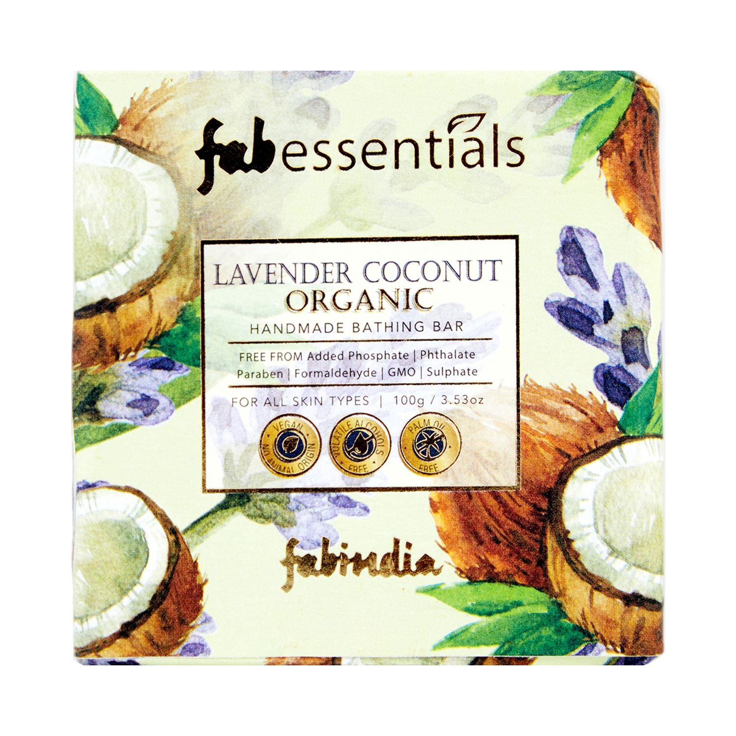 Fabessentials by Fabindia | Fabessentials by Fabindia Lavender Coconut 100% Organic Handmade Bathing Bar With Goodness Of Vitamin E (100g)