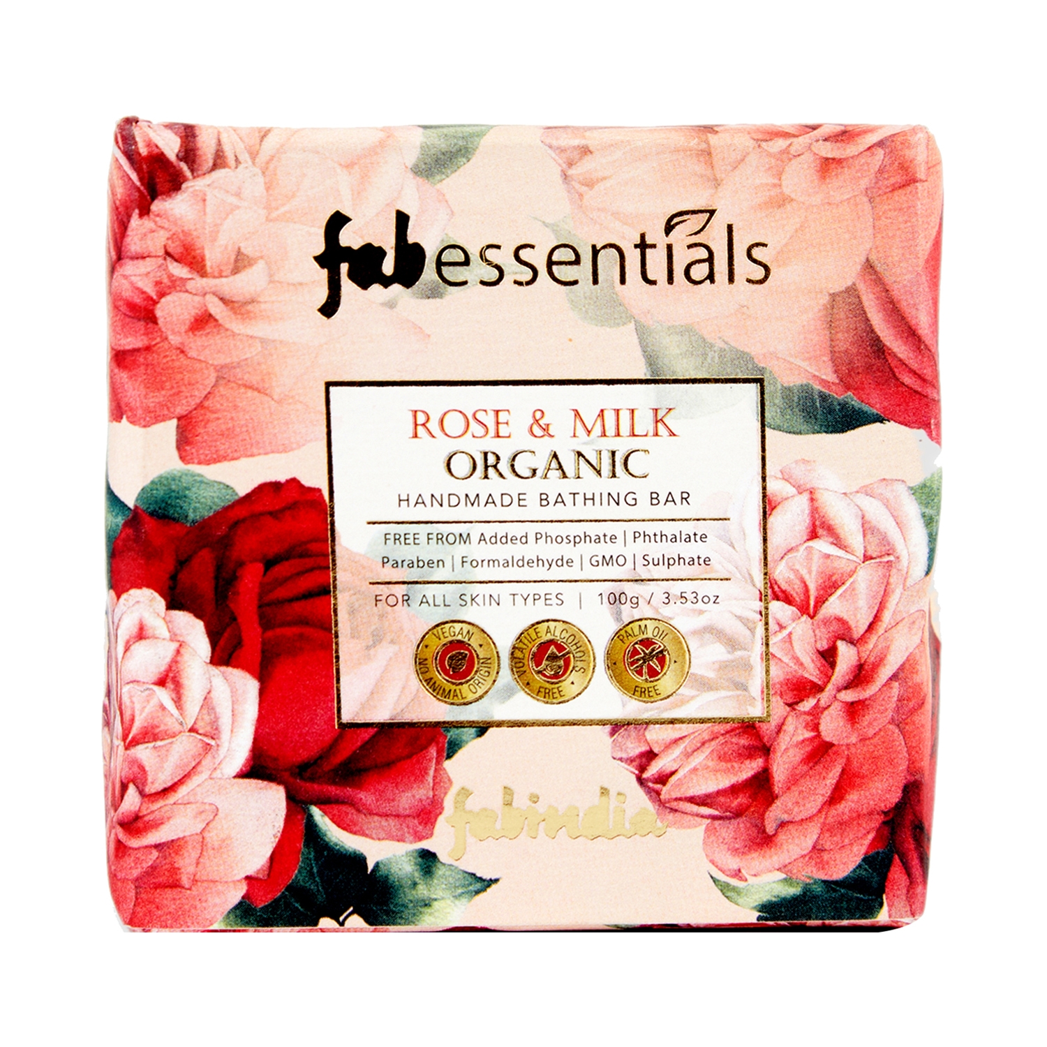 Fabessentials by Fabindia | Fabessentials by Fabindia Rose & Milk Handmade Bathing Bar 100% Organic With Coconut Oil & Vitamin E (100g)