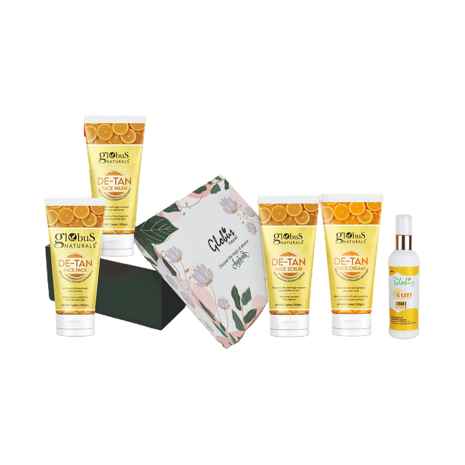Globus Naturals De-Tan Face Wash, Face Pack Face Cream, Face Scrub & Sunscreen Lotion Gift Box (5pc)