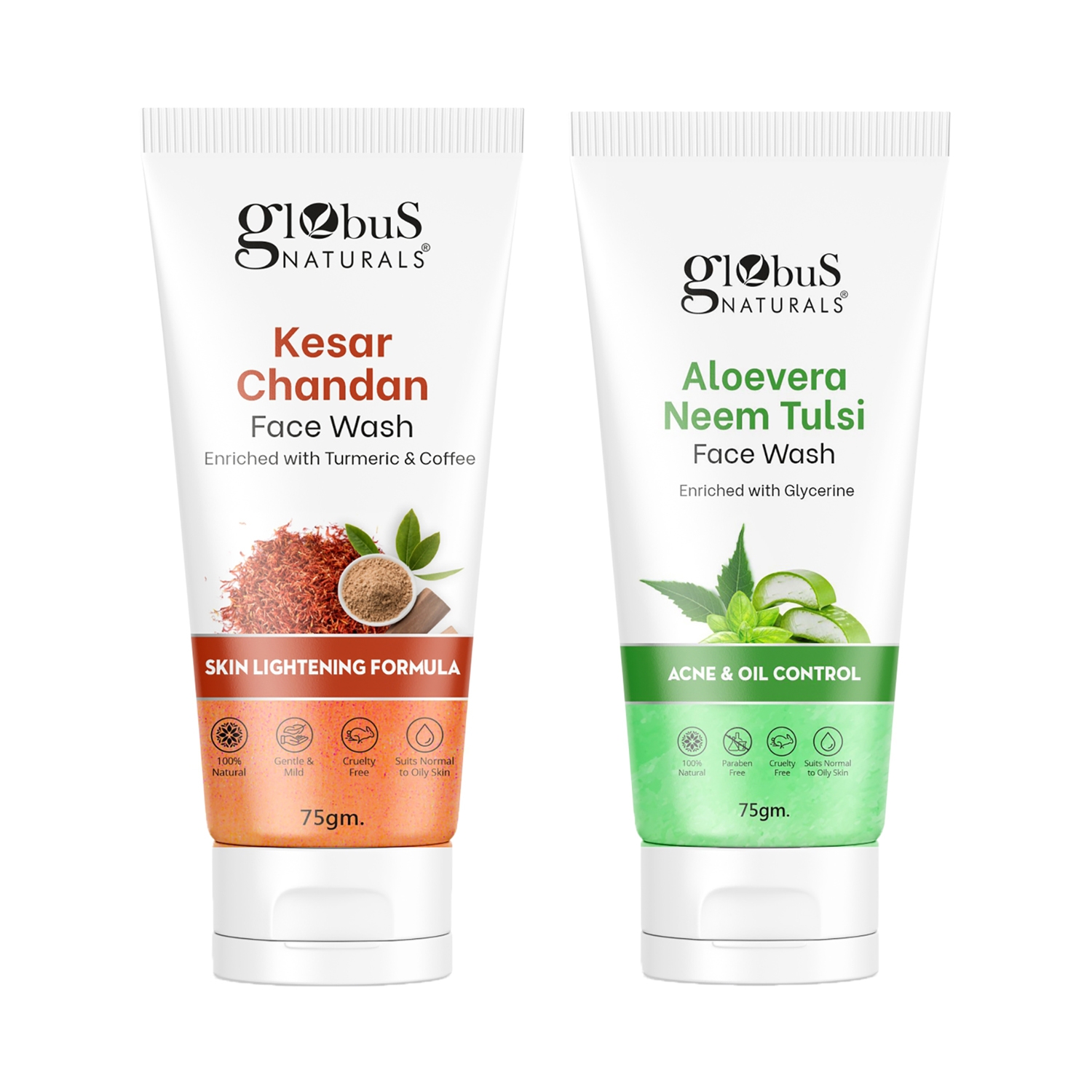 Globus Naturals | Globus Naturals Brightening & Anti Acne Aloe Vera Neem Tulsi & Kesar Chandan Face Wash Combo (2 Pcs)