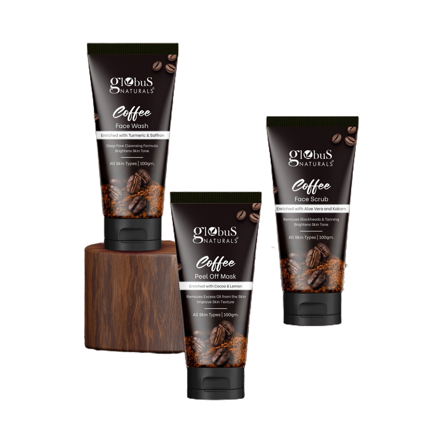 Globus Naturals | Globus Naturals Coffee Care Skin Brightening Face Wash, Face Scrub & Peel Off Mask Combo (3 Pcs)