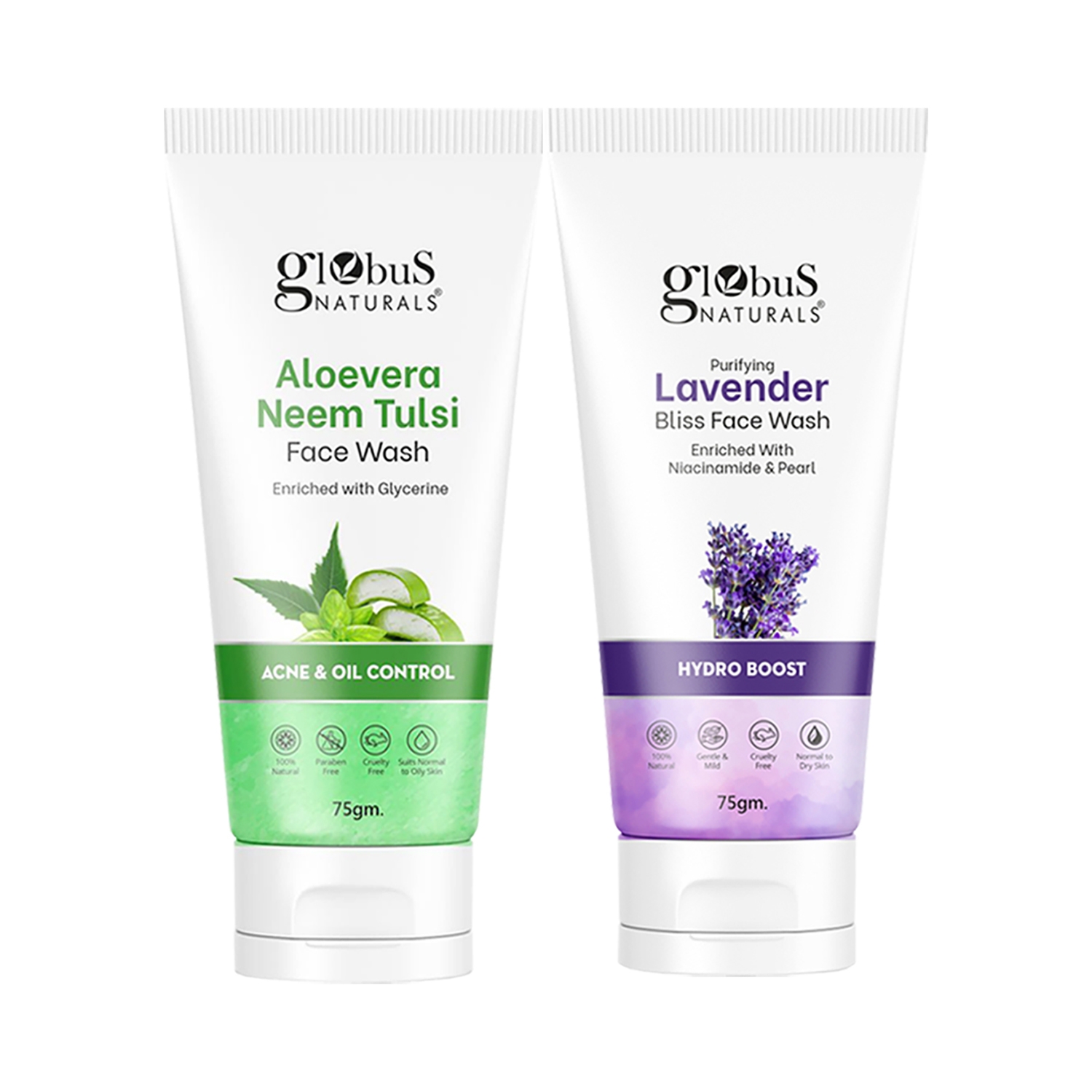 Globus Naturals | Globus Naturals Acne & Oil Control Aloe Vera Neem Tulsi & Hydro Boost Lavender Face Wash Combo (2 Pcs)