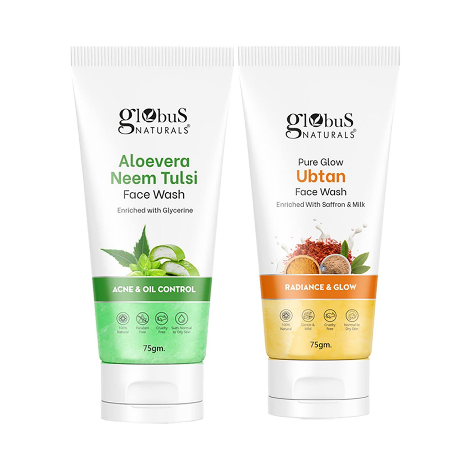 Globus Naturals | Globus Naturals Acne & Oil Control Aloe Vera Neem Tulsi & Glow Ubtan Face Wash Combo (2 Pcs)