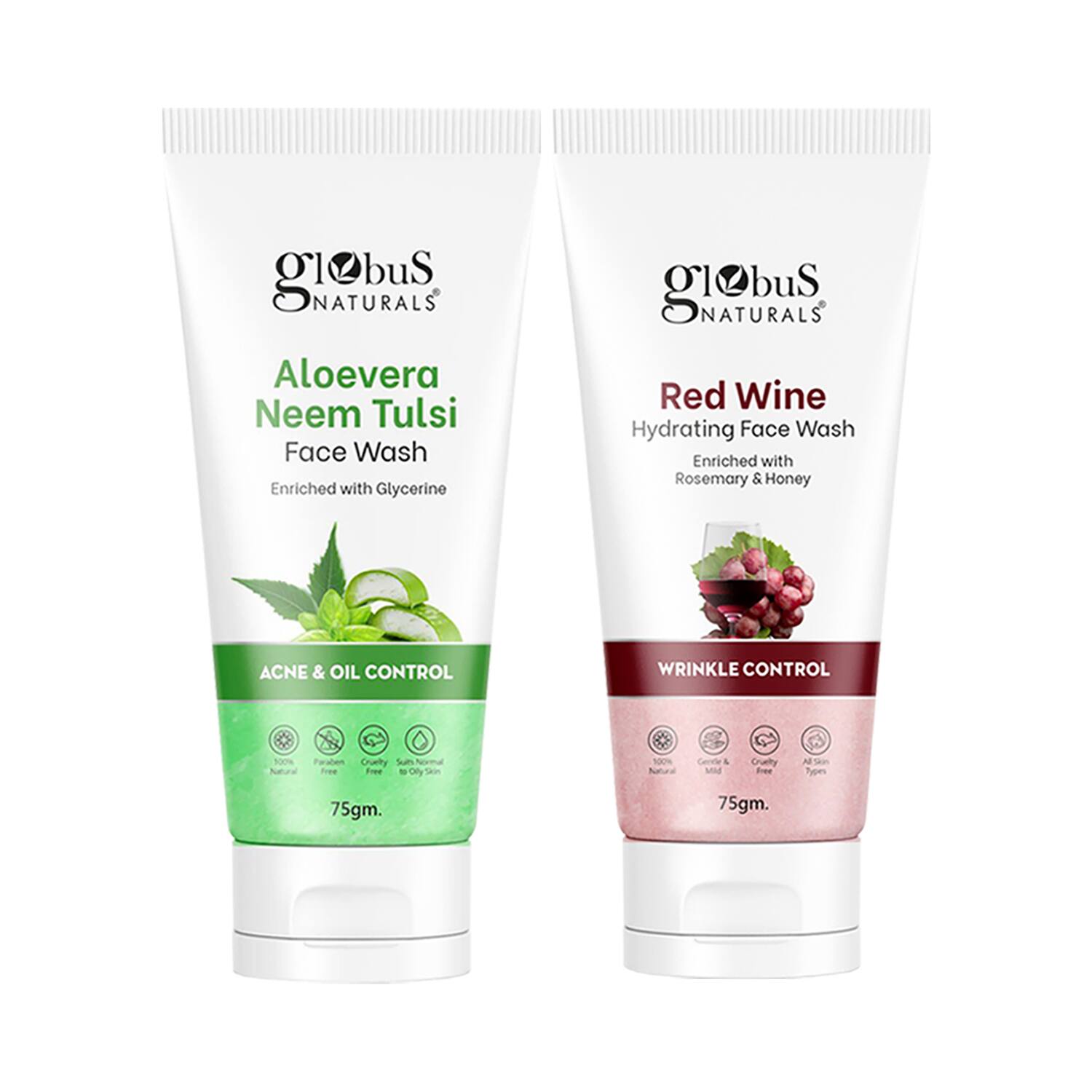 Globus Naturals | Globus Naturals Acne & Oil Control Aloe Vera Neem & Wrinkle Control Red Wine Face Wash Combo (2 Pcs)