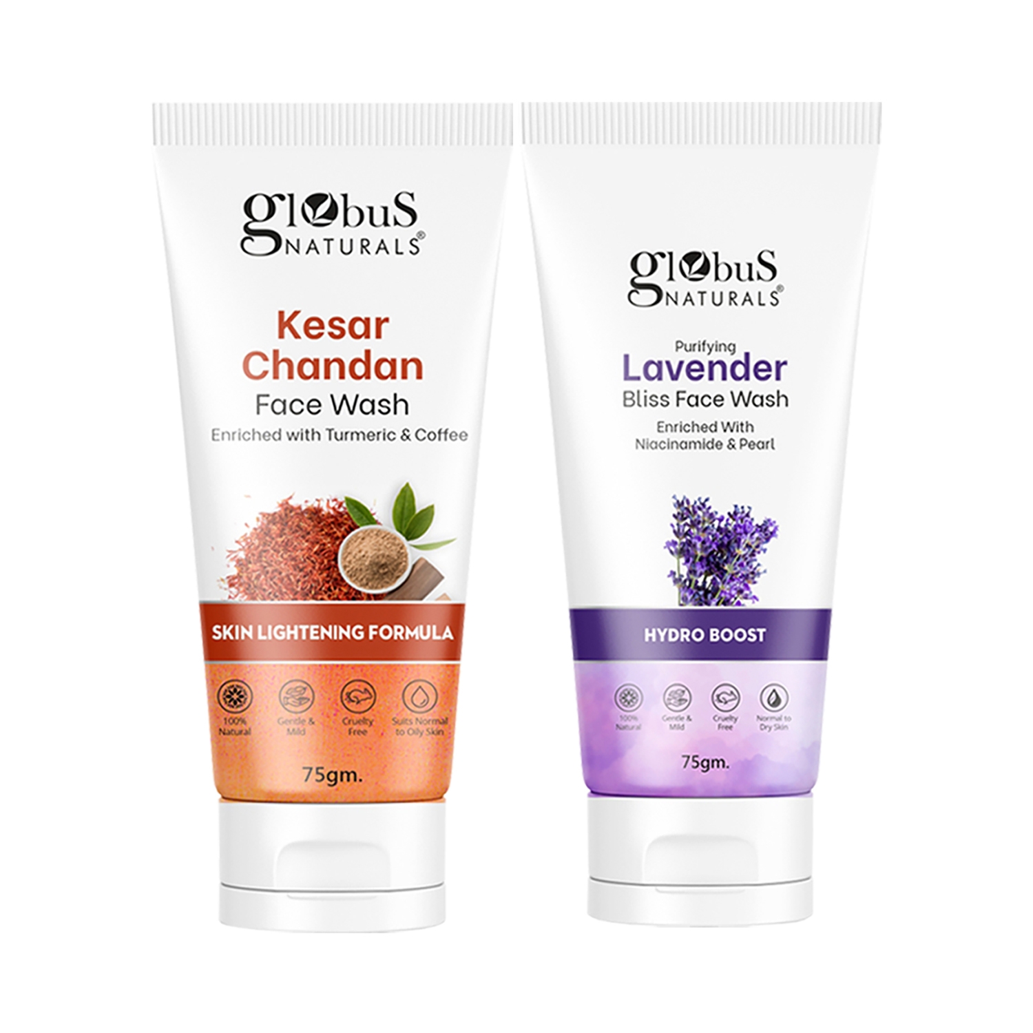 Globus Naturals | Globus Naturals Skin Lightening Kesar Chandan & Hydro Boost Lavender Face Wash Combo (2 Pcs)