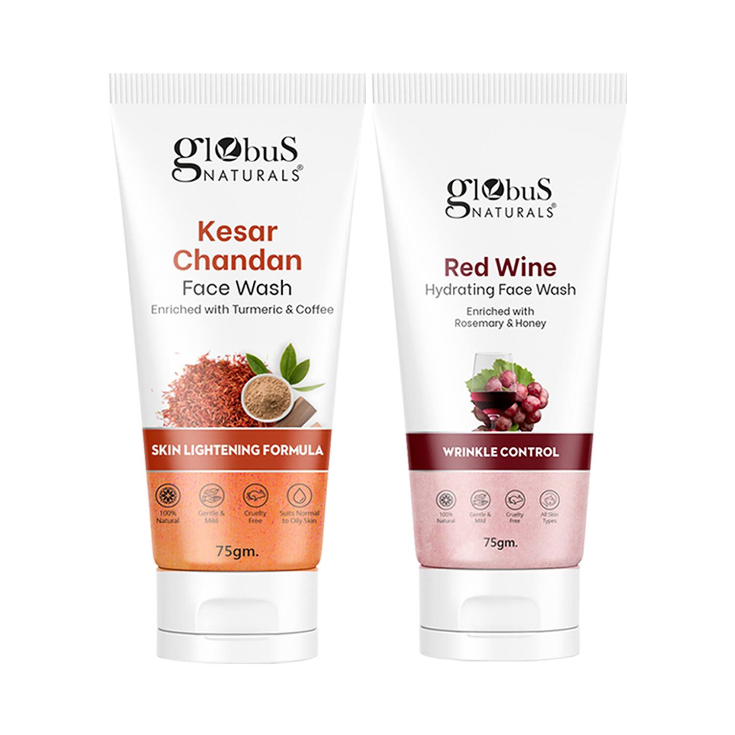 Globus Naturals | Globus Naturals Skin Lightening Kesar Chandan & Wrinkle Control Red Wine Face Wash Combo (2 Pcs)