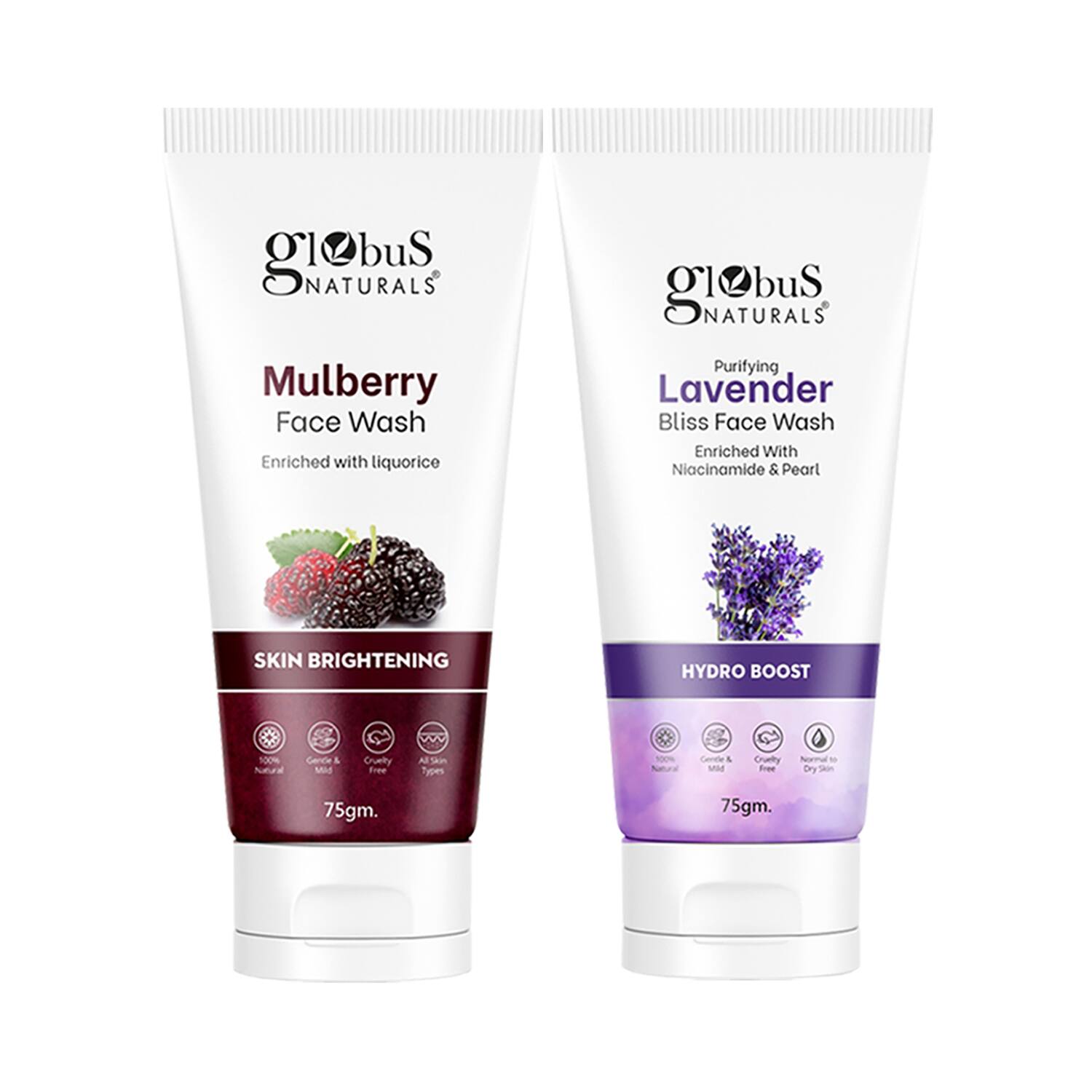 Globus Naturals | Globus Naturals Skin Brightening Mulberry & Hydro Boost Lavender Face Wash Combo (2 Pcs)