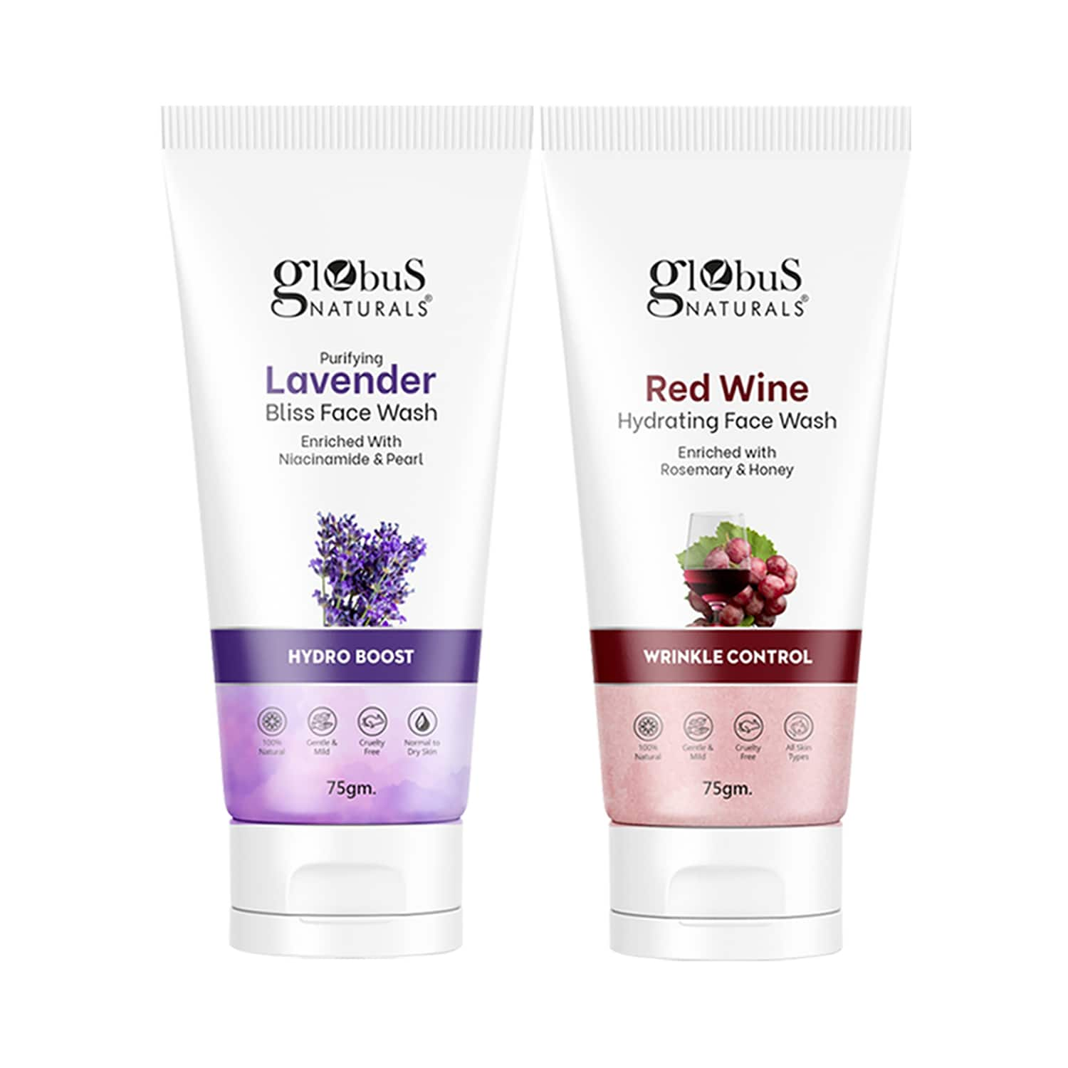 Globus Naturals | Globus Naturals Hydro Boost Lavender & Wrinkle Control Red Wine Face Wash Combo (2 Pcs)