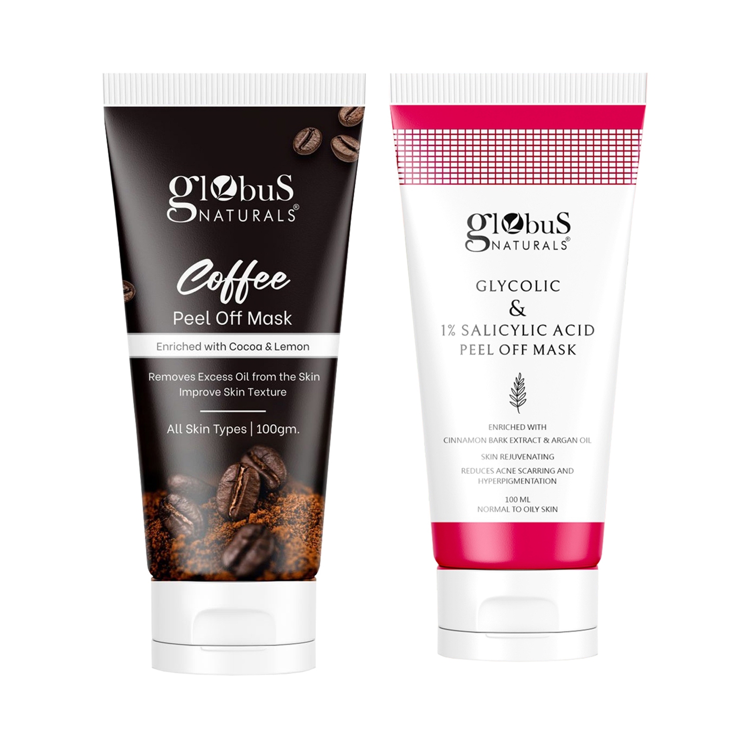 Globus Naturals Anti Acne Coffee & Glycolic & 1% Salicylic Acid Peel Off Mask Combo For Women (2 Pcs)