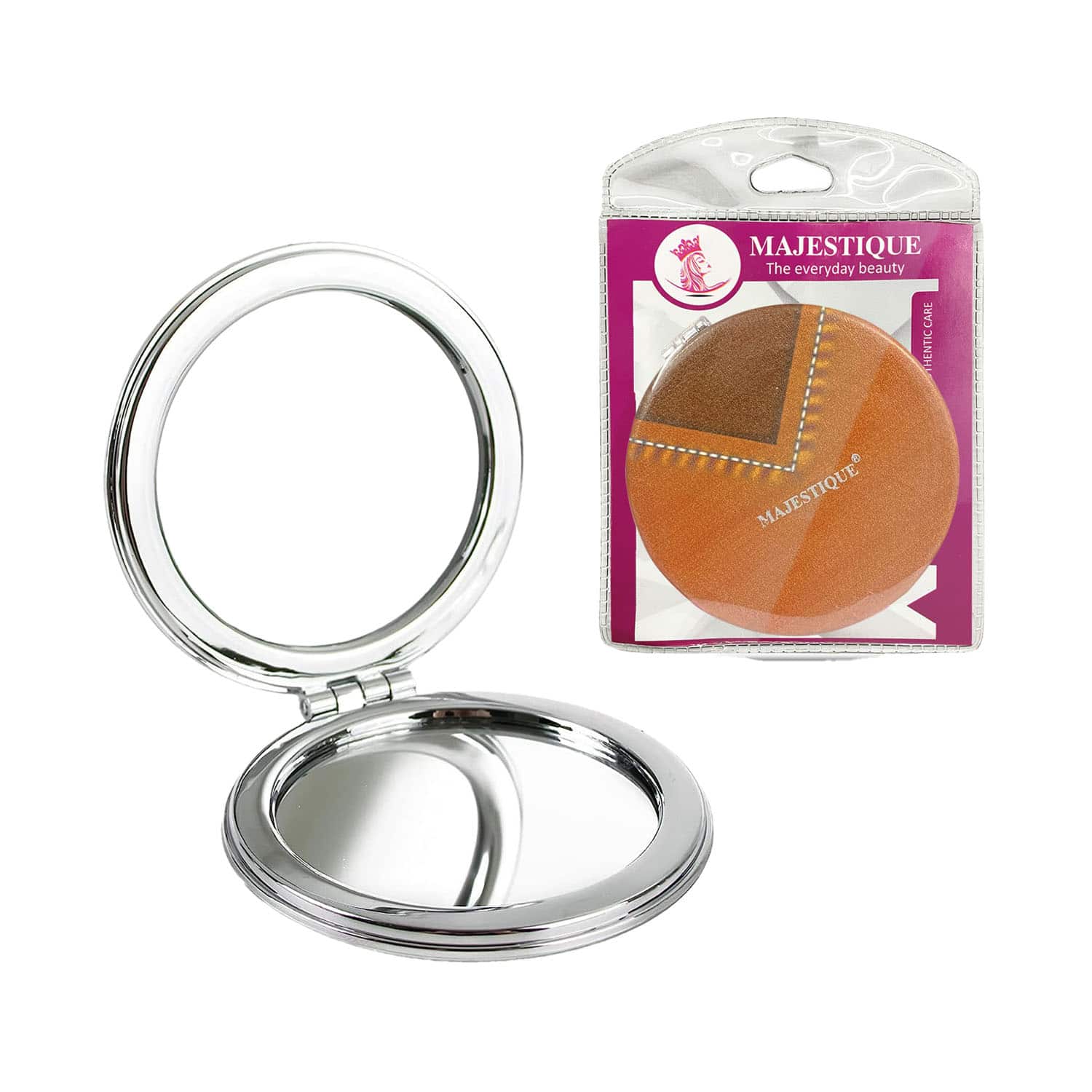 Majestique | Majestique Round Latherite Finish Compact Mirror Easy To Hold - Brown