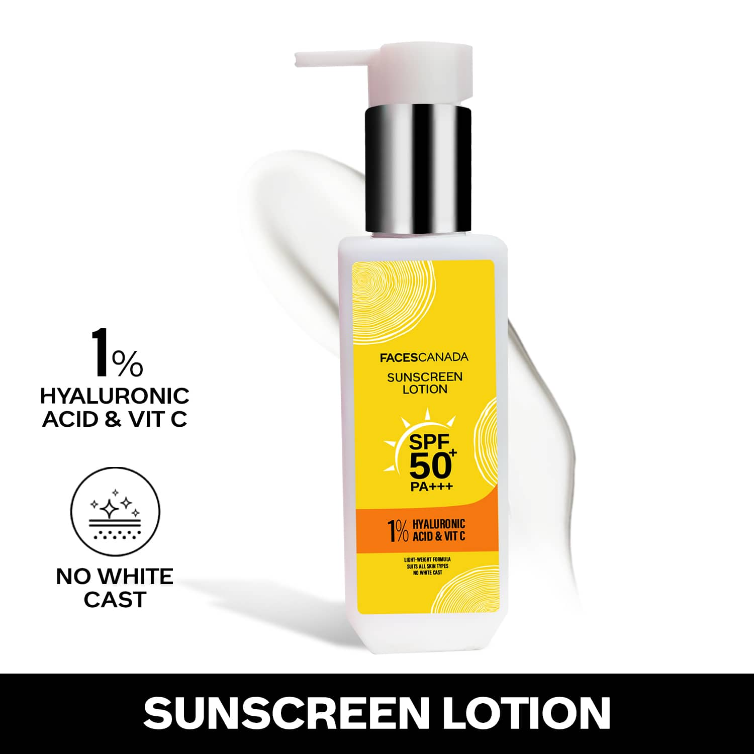 Faces Canada | Faces Canada Sunscreen Lotion, SPF 50 PA+++, 1% Hyaluronic Acid & Vitamin C, No White Cast (100 ml)