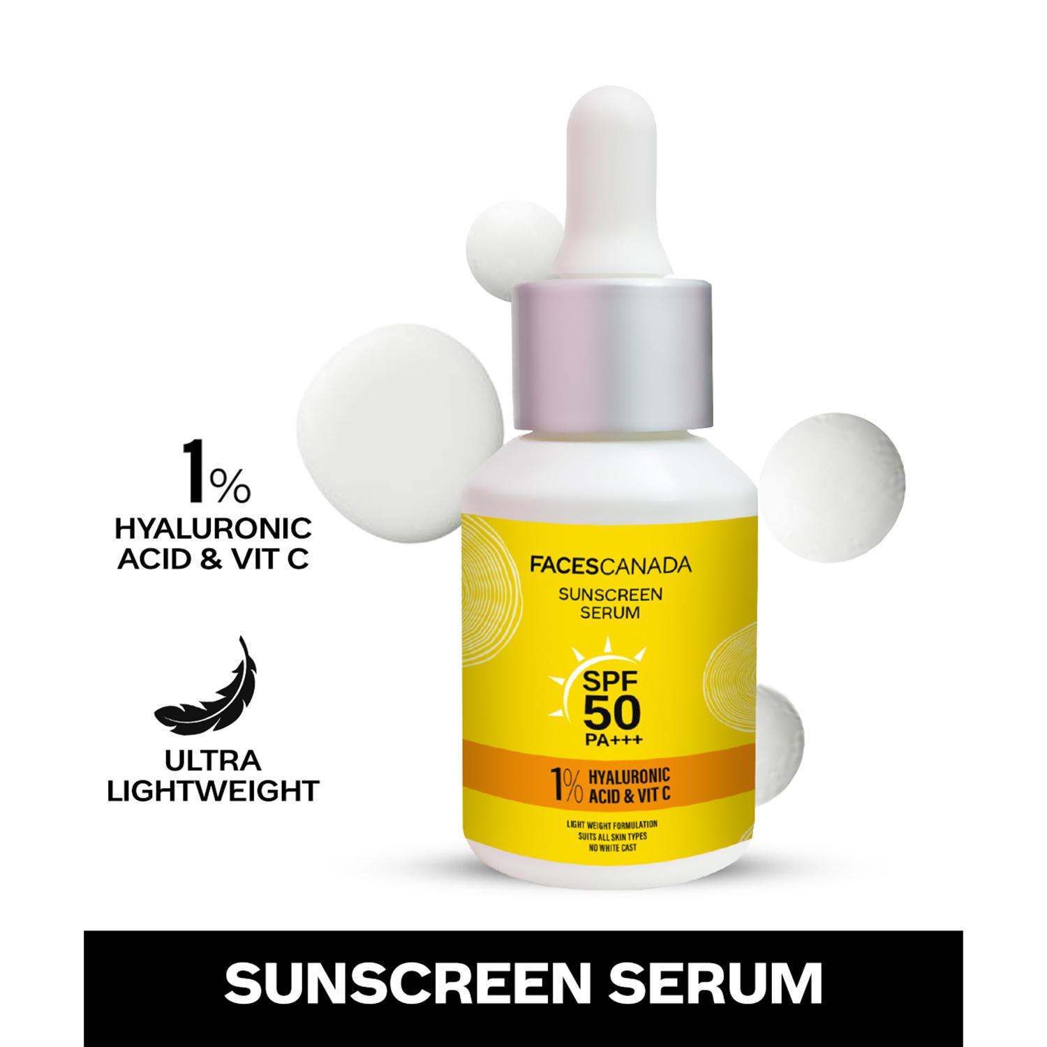 Faces Canada | Faces Canada Sunscreen Serum, SPF 50 PA+++, 1% Hyaluronic Acid & Vitamin C, No White Cast (30 ml)