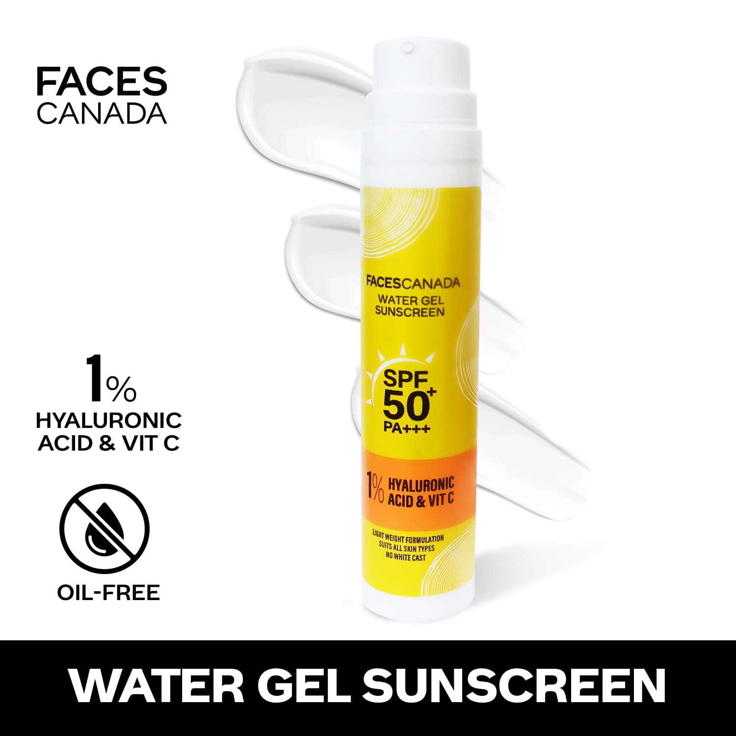 Faces Canada | Faces Canada Water Gel Sunscreen, SPF 50 PA+++, 1% Hyaluronic Acid & Vitamin C, No White Cast (50 g)