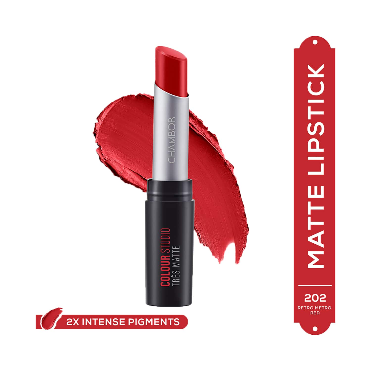 Chambor | Chambor Tres Matte Lipstick Lasting Bold Pigment with SPF 30 - N 202 Retro Metro Red (3.2g)