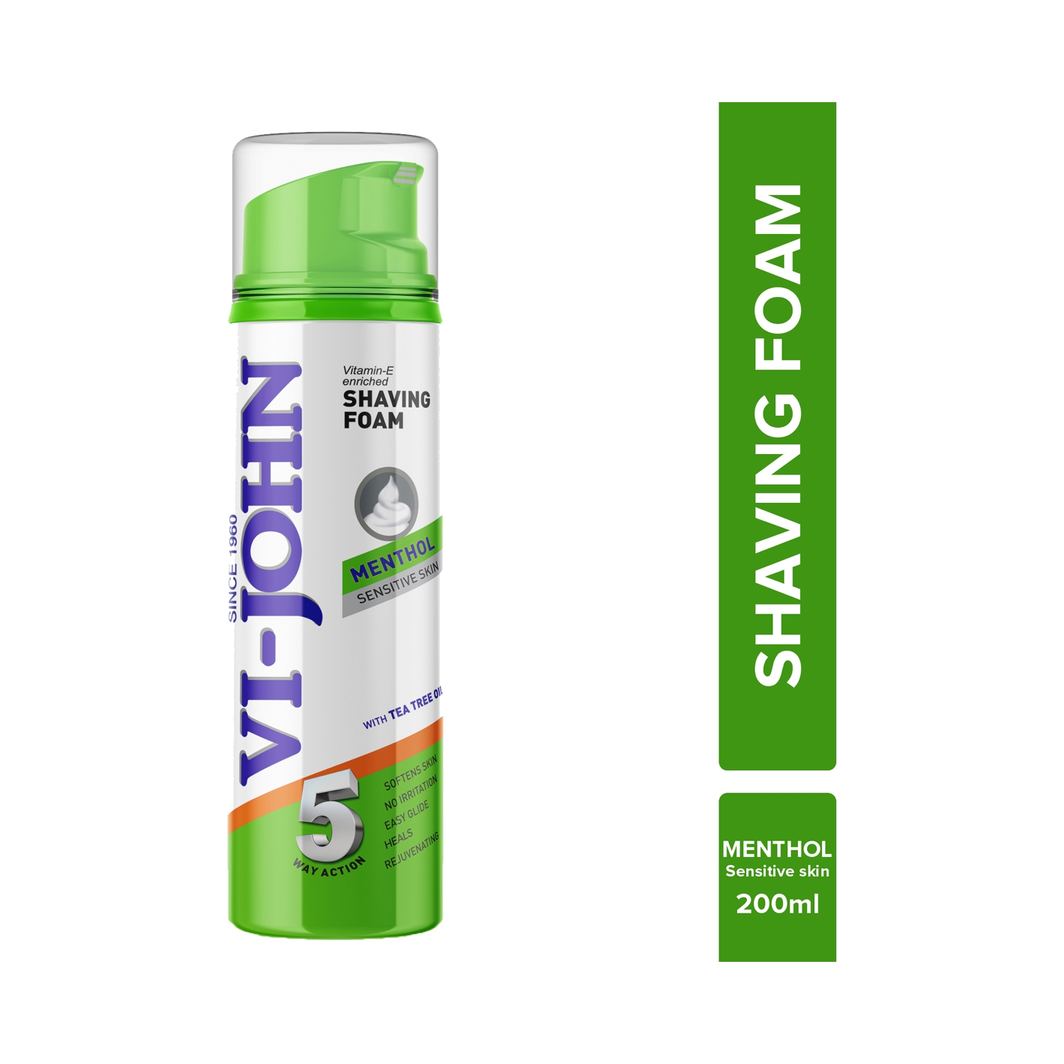 VI-JOHN 5 Way Action Shaving Foam Enriched With Vitamin E & Menthol For Sensitive Skin (200ml)