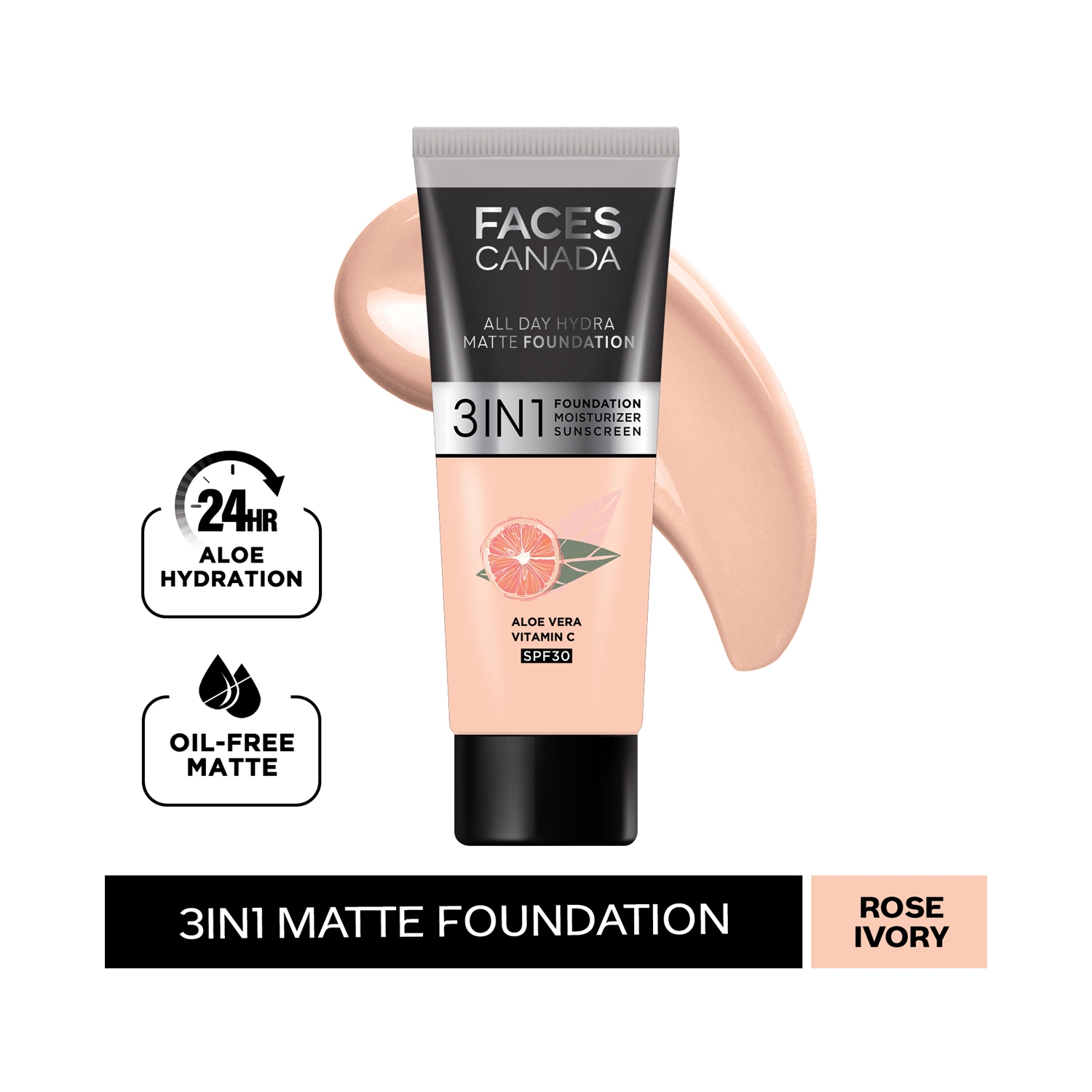 Faces Canada | Faces Canada 3-In-1 All Day Hydra Matte Foundation - 011 Rose Ivory (15ml)
