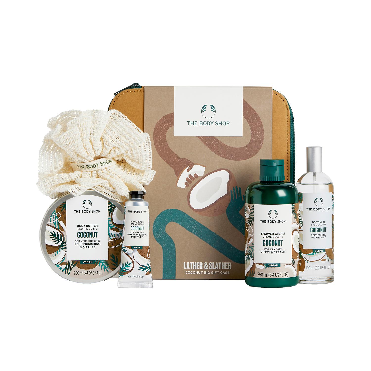 The Body Shop Shower Cream Coconut, Body Butter, Body Mist, Hand Balm & Bath Lily Large Ramie Gift Set (6 pcs)