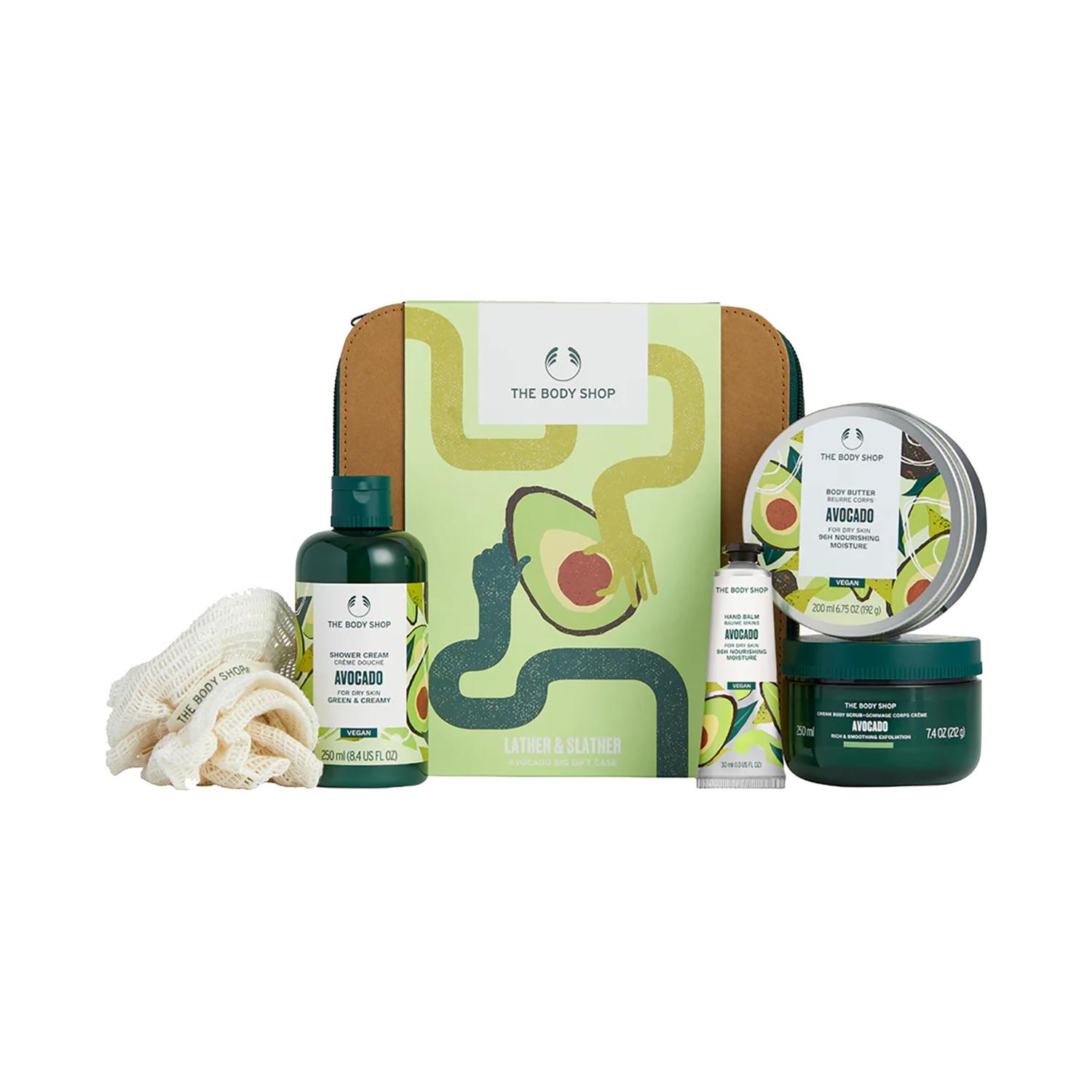 The Body Shop Shower Cream Avocado, Body Butter, Body Scrub, Hand Balm & Bath Lily Large Ramie Gift Set (6 pcs)