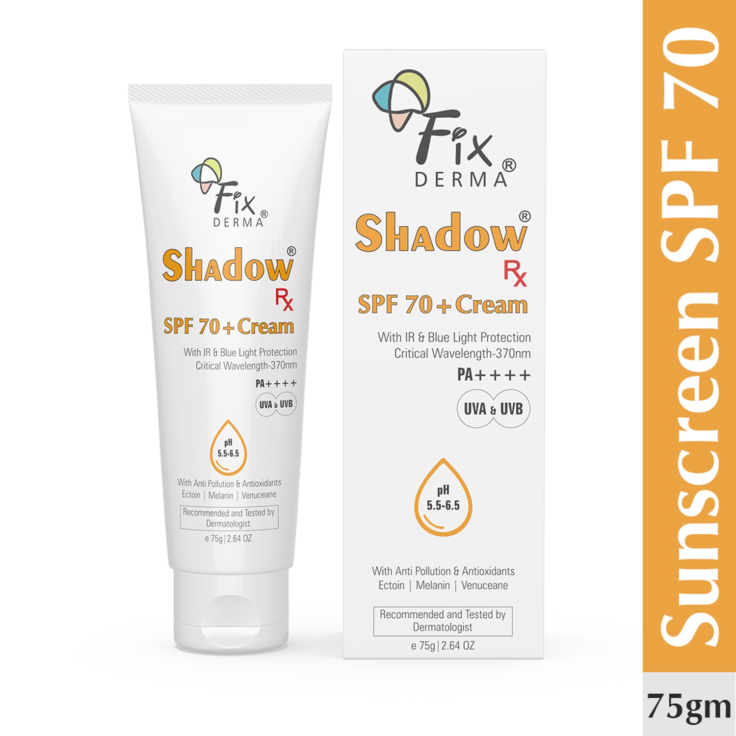 Fixderma Shadow RX Sunscreen SPF 70+ UVA & UVB with IR Protection & Blue Light Protection (75g)