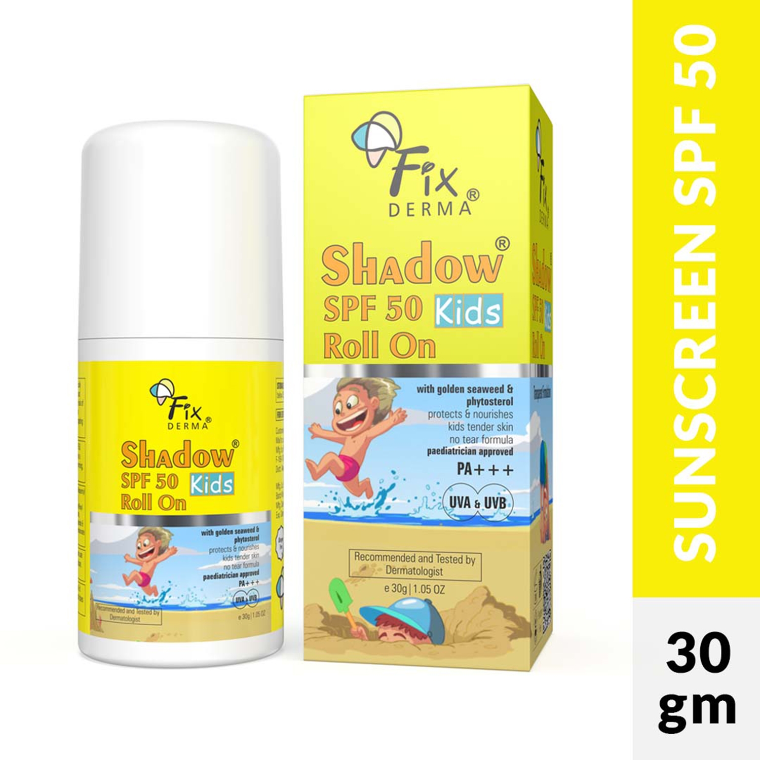 Fixderma Shadow Kids Roll On Sunscreen for Kids SPF 50 with Golden Seaweed & Phytosterol (30g)