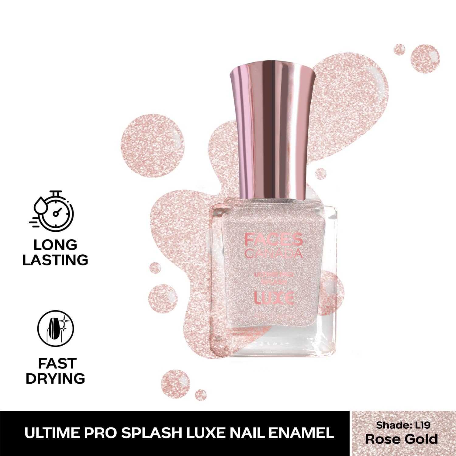 Faces Canada | Faces Canada Ultime Pro Splash Luxe Nail Enamel - Rose Gold (L19), Glossy Finish (12 ml)