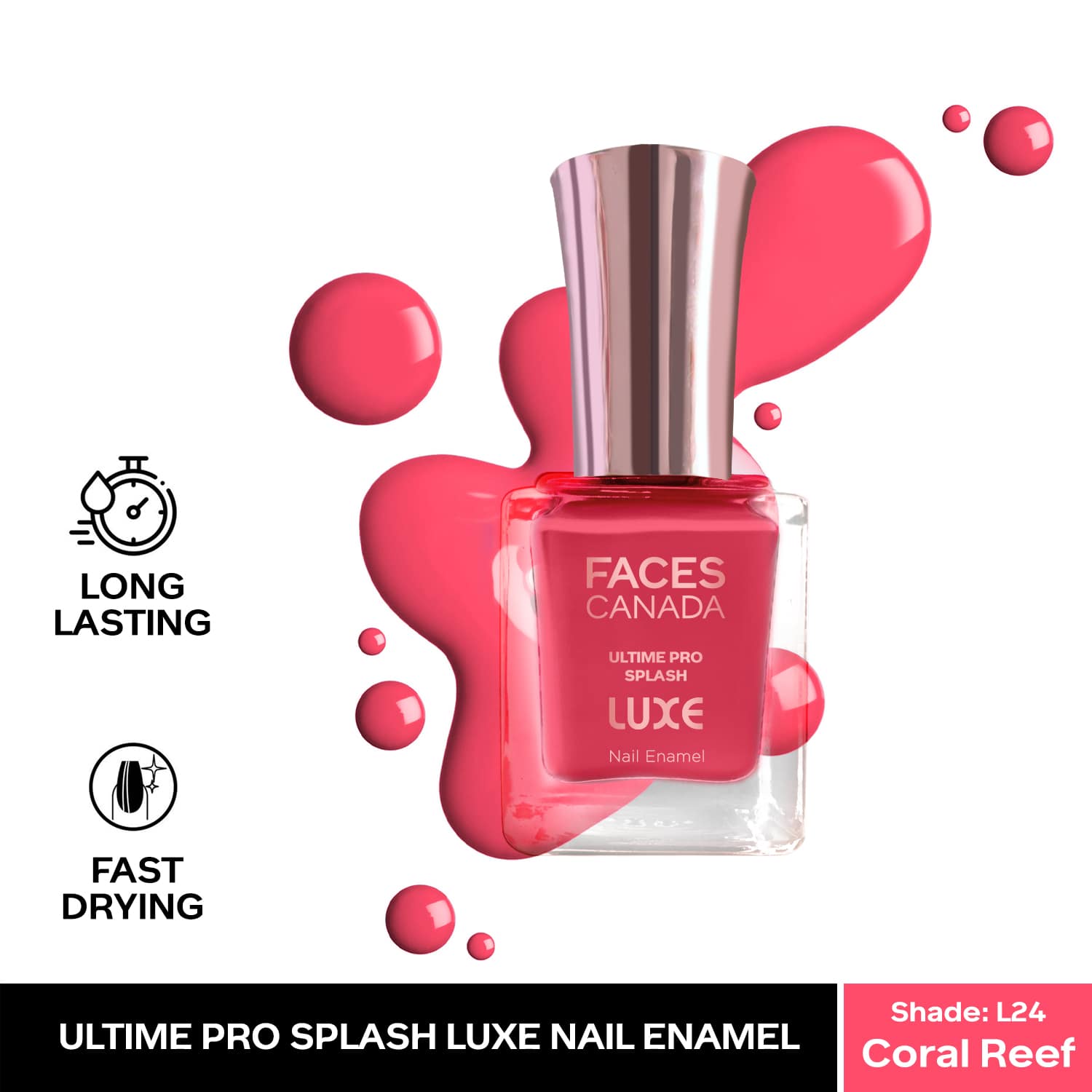 Faces Canada | Faces Canada Ultime Pro Splash Luxe Nail Enamel Glossy Finish Quick Drying - Coral Reef L24 (12 ml)