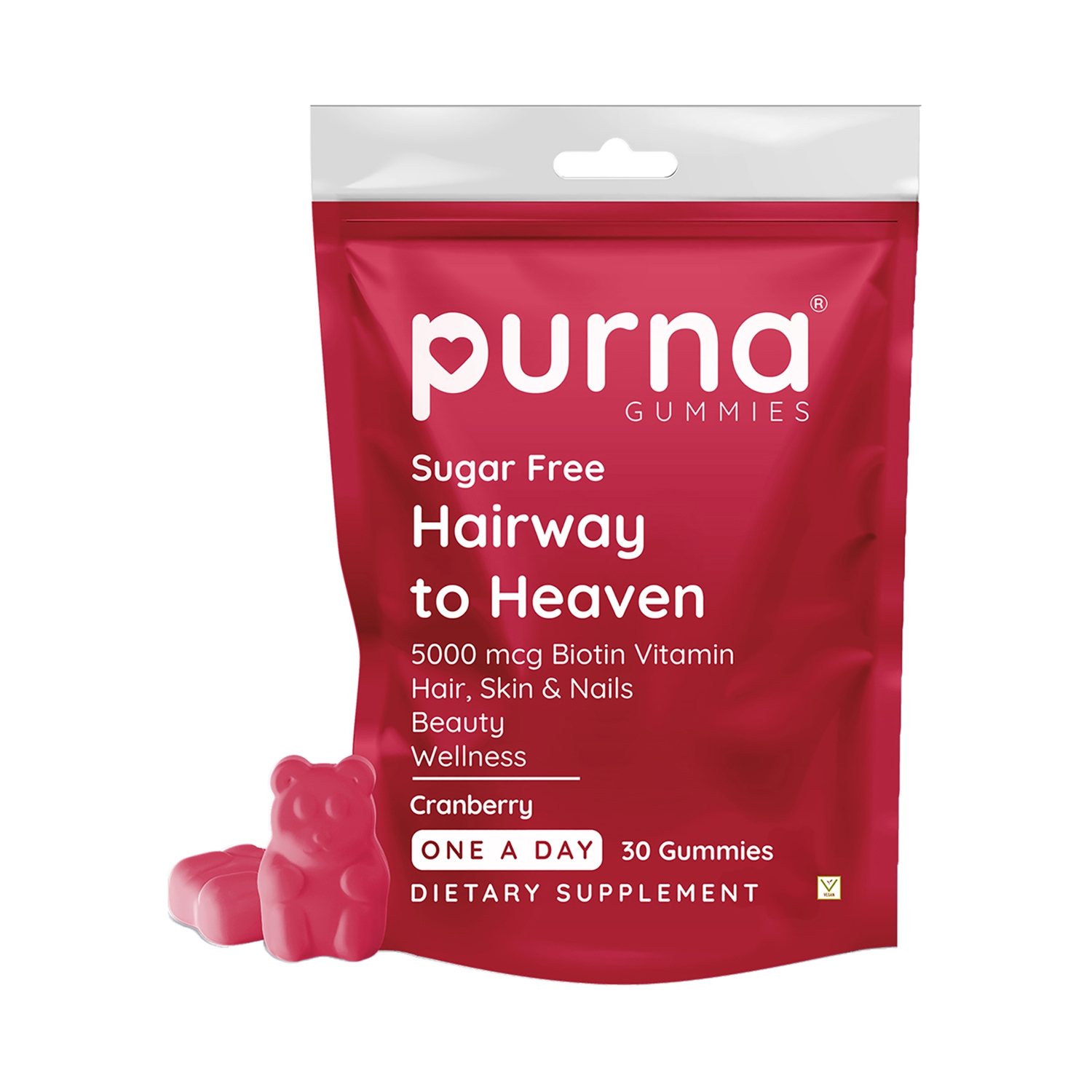 Purna Gummies | Purna Gummies Hair Biotin Sugar Free Gummies For Hair, Nails & Skin - Cranberry Flavour (30 Pcs)